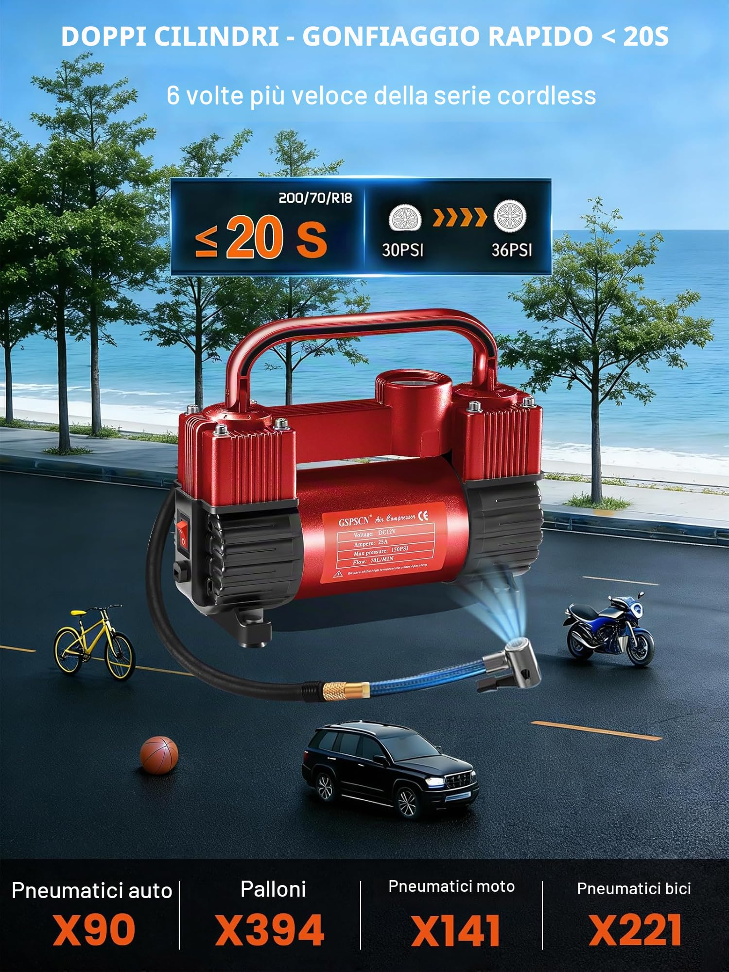 GSPSCN Rosso Compressore Aria Portatile ad Alta Resistenza a Doppio Cilindro, Gonfiatore Pneumatici in Metallo DC 12V, Pompa Elettrica da 150 PSI per Gonfiare Le auto, camion, SUV, Moto,palloni.