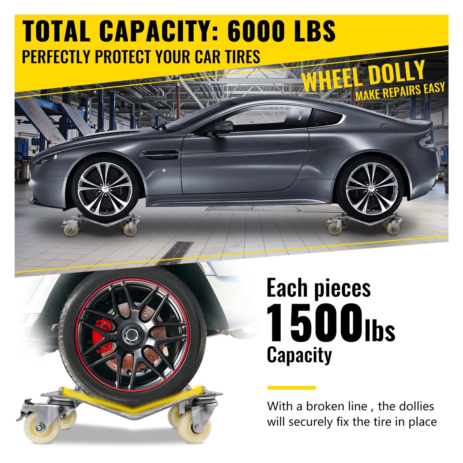 Generic Set di 4 carrelli per ruote di alta qualità per riparazione e spostamento auto, capacità di carico 680 kg, comodi pattini per veicoli