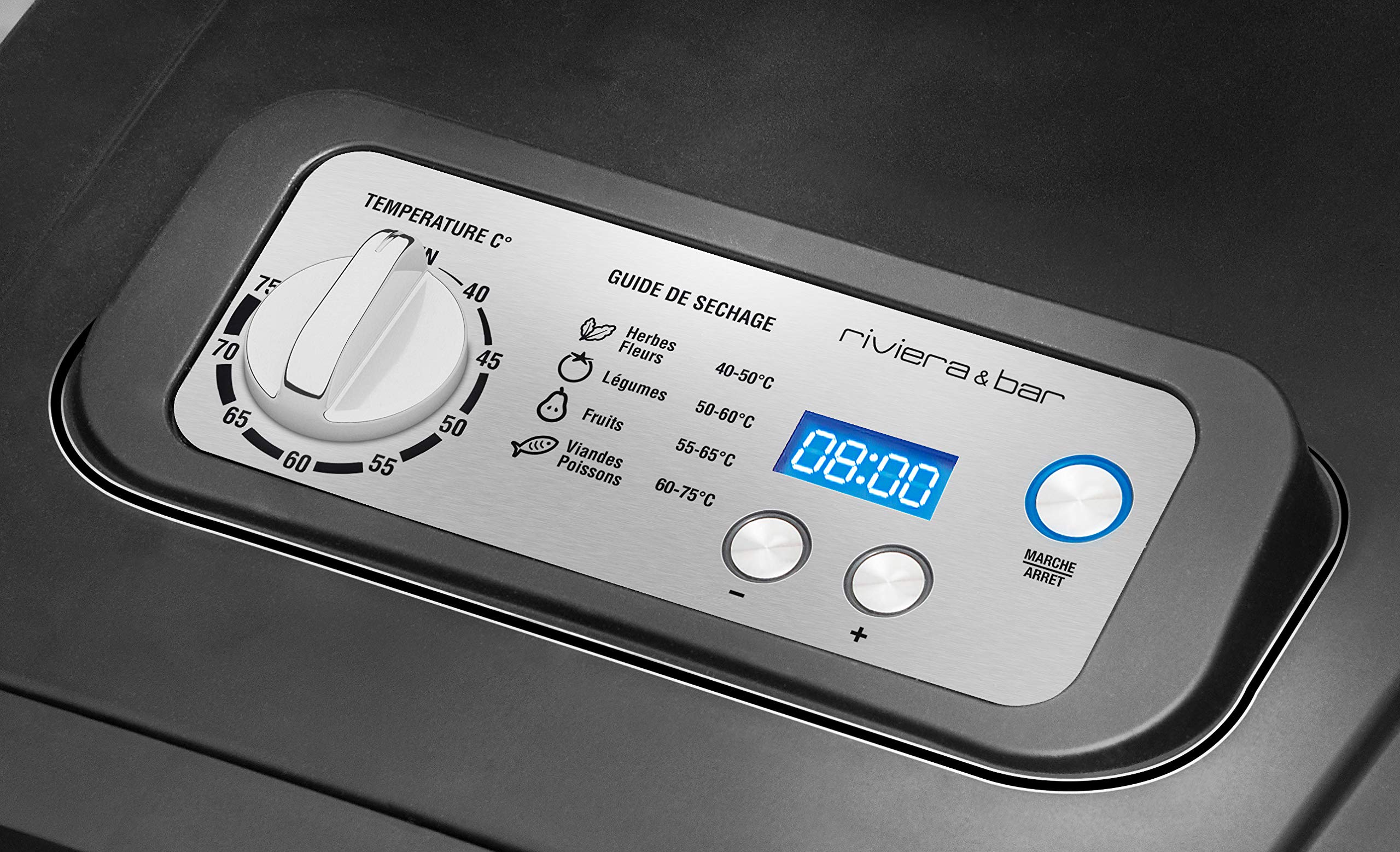 riviera&bar Déshydrateur Électrique 800W - 10 Plateaux Inox avec Température Réglable et Minuterie 24h - Accessoires Inclus - Compatible Lave-Vaisselle - Idéal pour Fruits, Légumes et Viandes - Noir