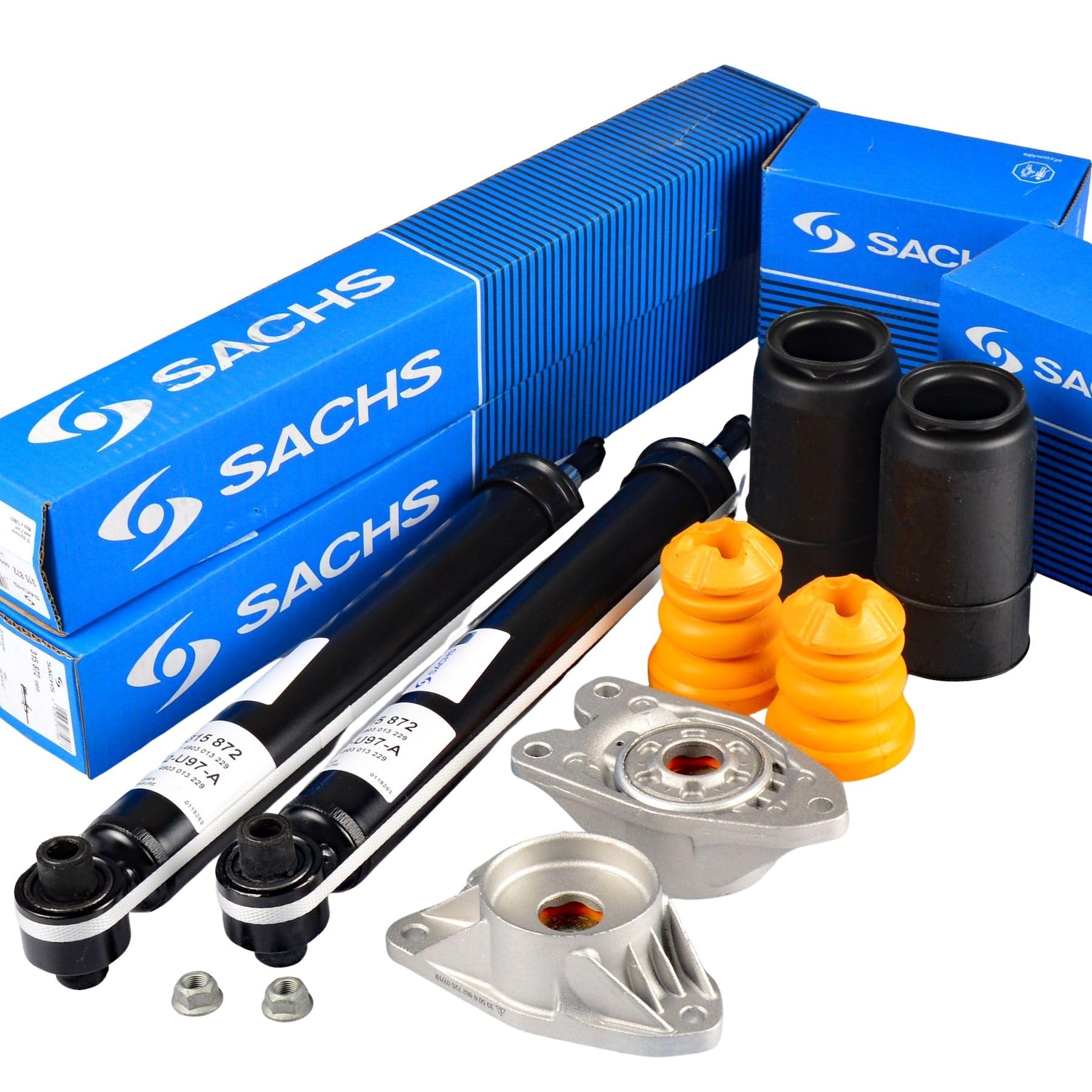 SACHS 2x 315872 Stoßdämpfer + 2x 803047 Domlager + 900316 Service-Kit Hinten (Set, 5-teilig)
