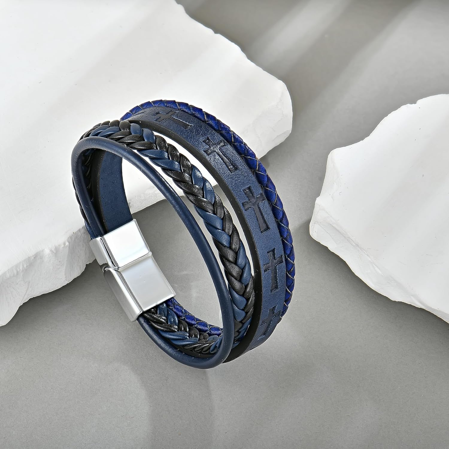 Mens Leather Cross Bracelet Multi-Layer Braided Faith Bracelet Religious Wristband Father's Day 8.5" Memory Bangle with Stainless Steel Buckle