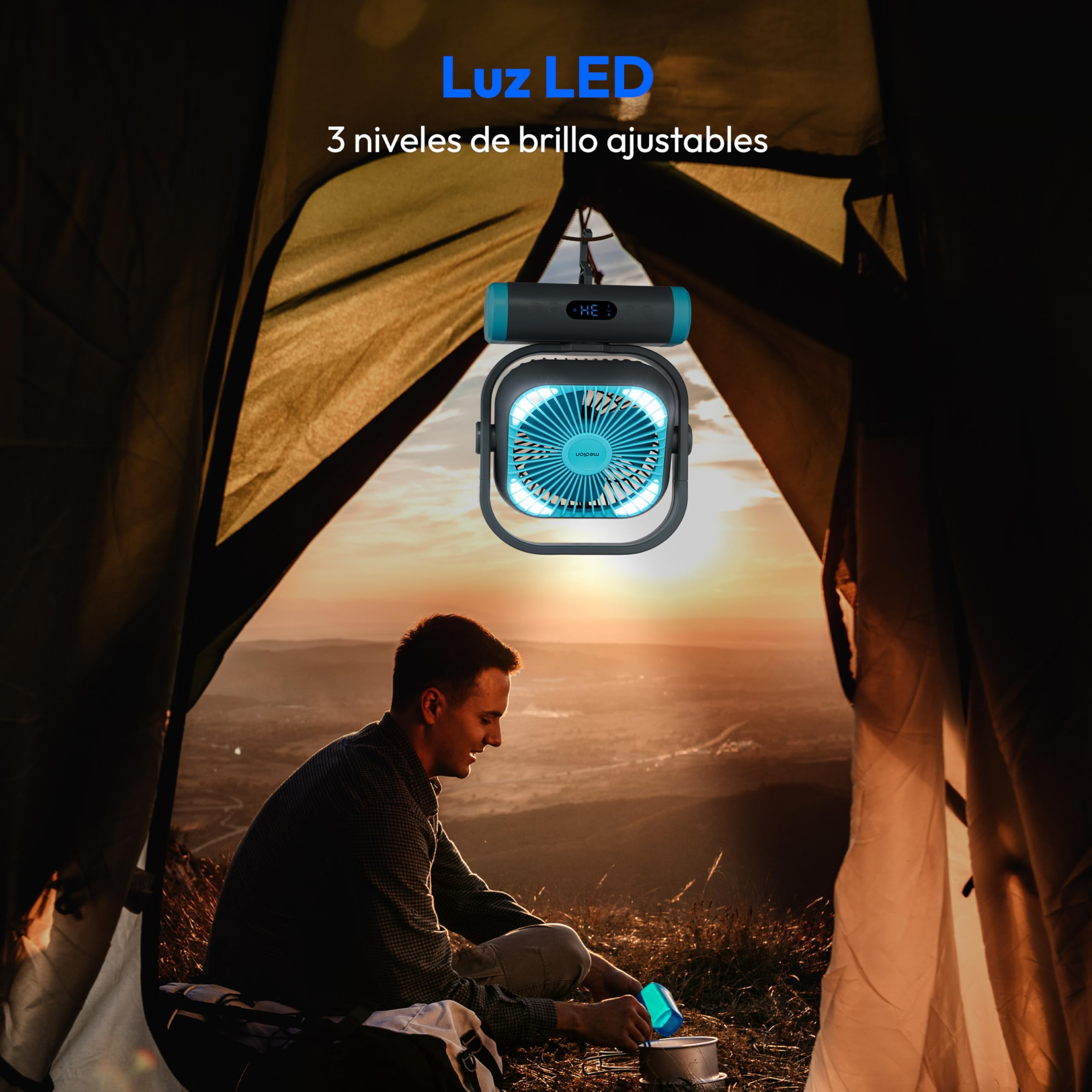MEDION Ventilador E10 TF (batería, mini ventilador USB pequeño con luz, mando a distancia, 5 niveles, oscilación, gancho para colgar, función powerbank, ideal para oficina camping tienda), verde