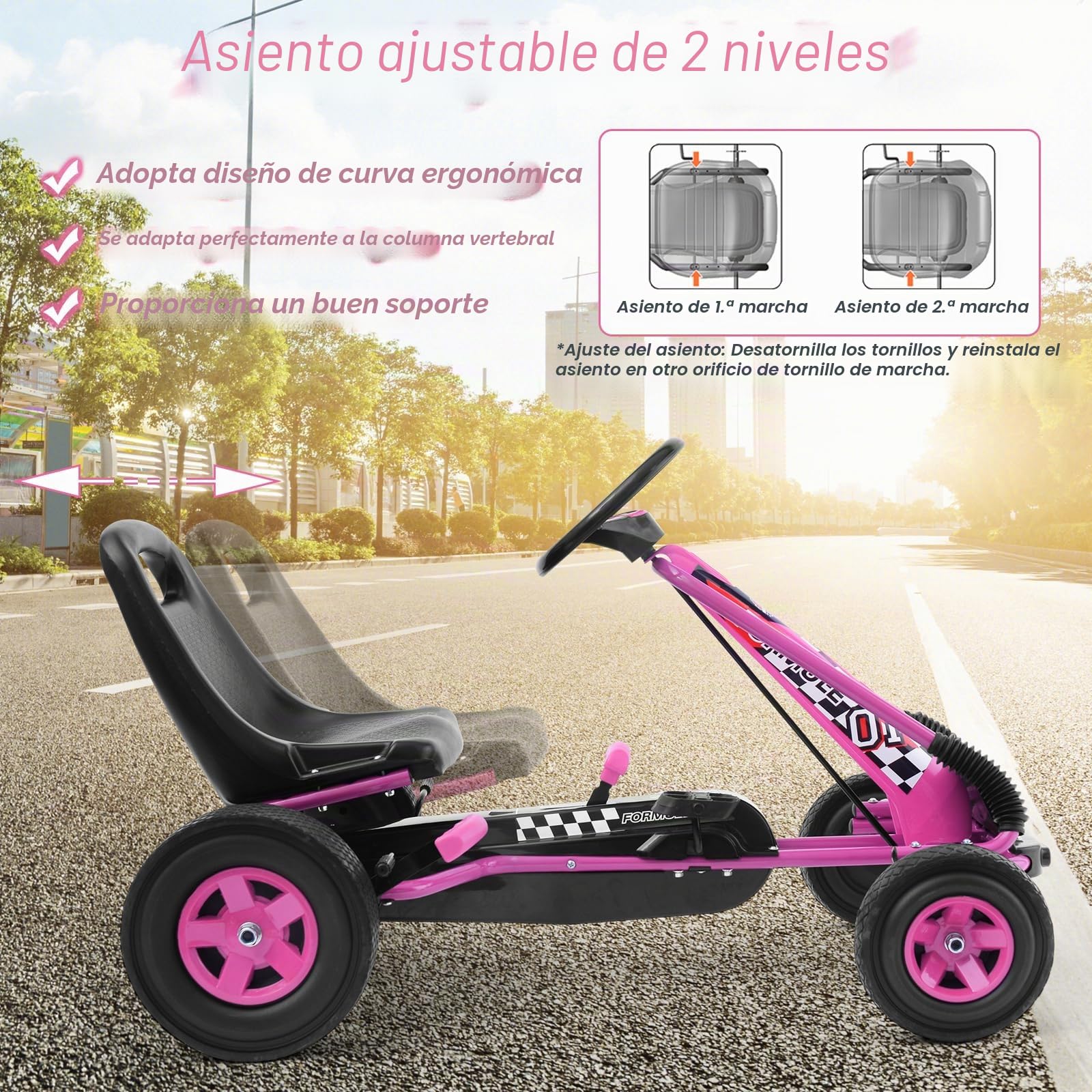 GOPLUS Kart con Pedal Infantil, Asiento Ajustable, Avanzar y Retroceder, con Embrague y Freno, Pedales Antideslizantes, 4 Ruedas, Bicicletas y Vehículos para Niños de 3-8 Años (Rosa)