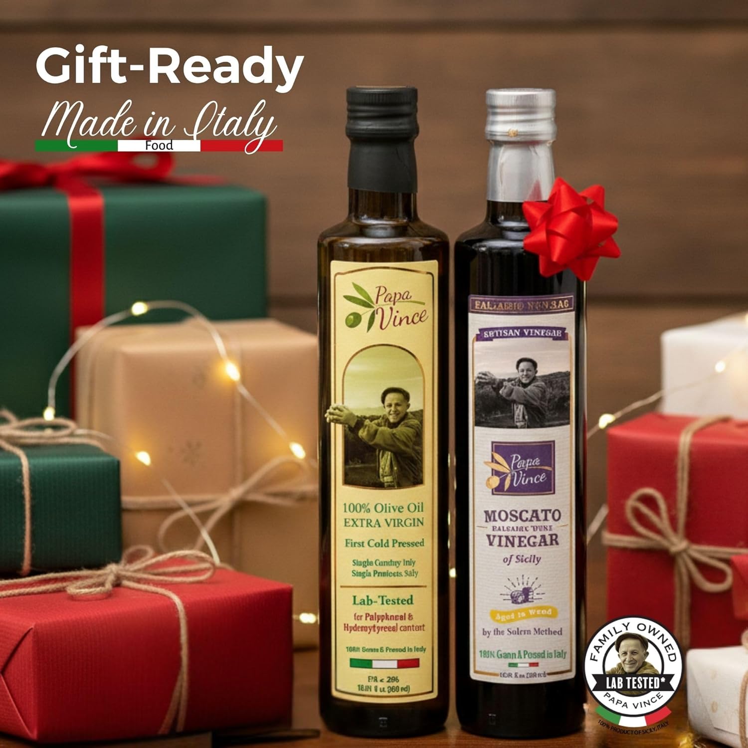 Papa Vince Extra Virgin Olive Oil & Balsamic Set - EVOO First Cold Pressed Dec 2023/24, Balsamic Vinager Aged 8-years in wood made by our family in Sicily, Italy - 16.91 oz each