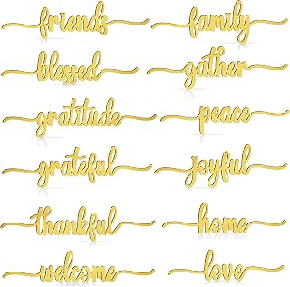 Thanksgiving Script Wood Word Cutout Plate Decoration Signs 12Pcs, Thankful Grateful Blessed Gather Family Wooden Sign Home Decor Wall Art Table Decorations, Rustic Letter Place Setting Sign (Gold)