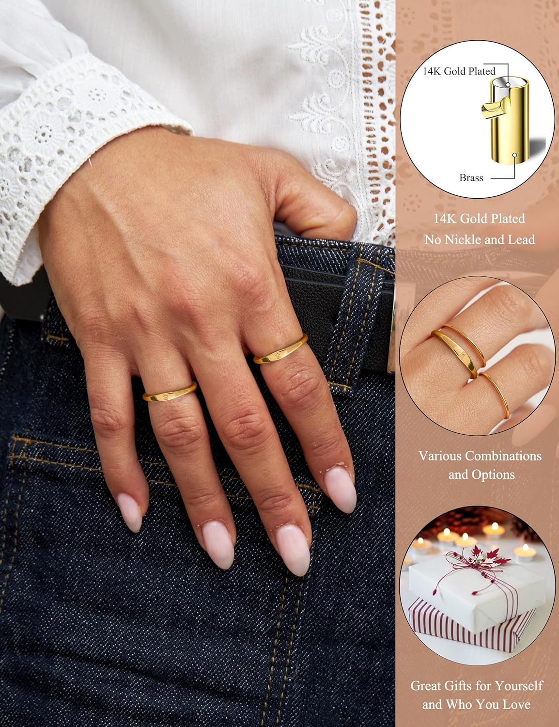 Gold Initial Rings for Women Non Tarnish 14K Gold Plated Stackable Letter Ring Dainty Pinky Wedding Bands Thumb Rings Thin Knuckle Stacking Cute Capital Letter Alphabet Jewelry Gifts Size 6-10 - Image 3