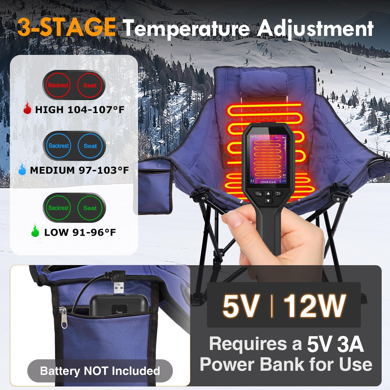 Slendor Oversized Heated Camping Chair, Folding Heated Rocking Chair with Padded Pillow, 3 Adjustable Heat Settings Portable Camp Chair for Outdoor & Indoor Use, NO Power Bank, Blue