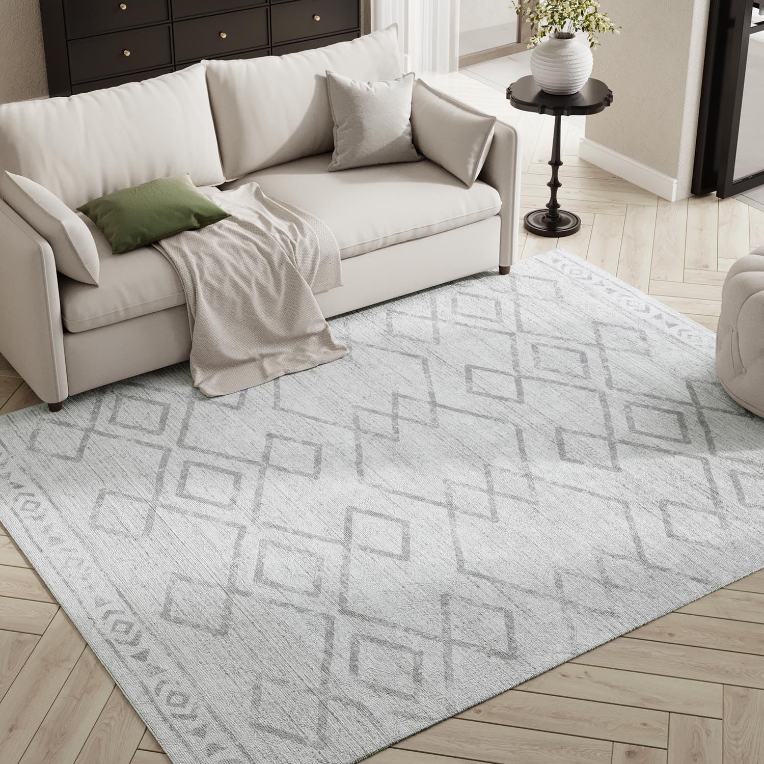 TOPICK Alfombra antibacteriana para salón, 150 x 210 cm, para exteriores, resistente a la intemperie, color gris, estilo bohemio, geométrica, con forma de rombo, lavable, de pelo corto, para