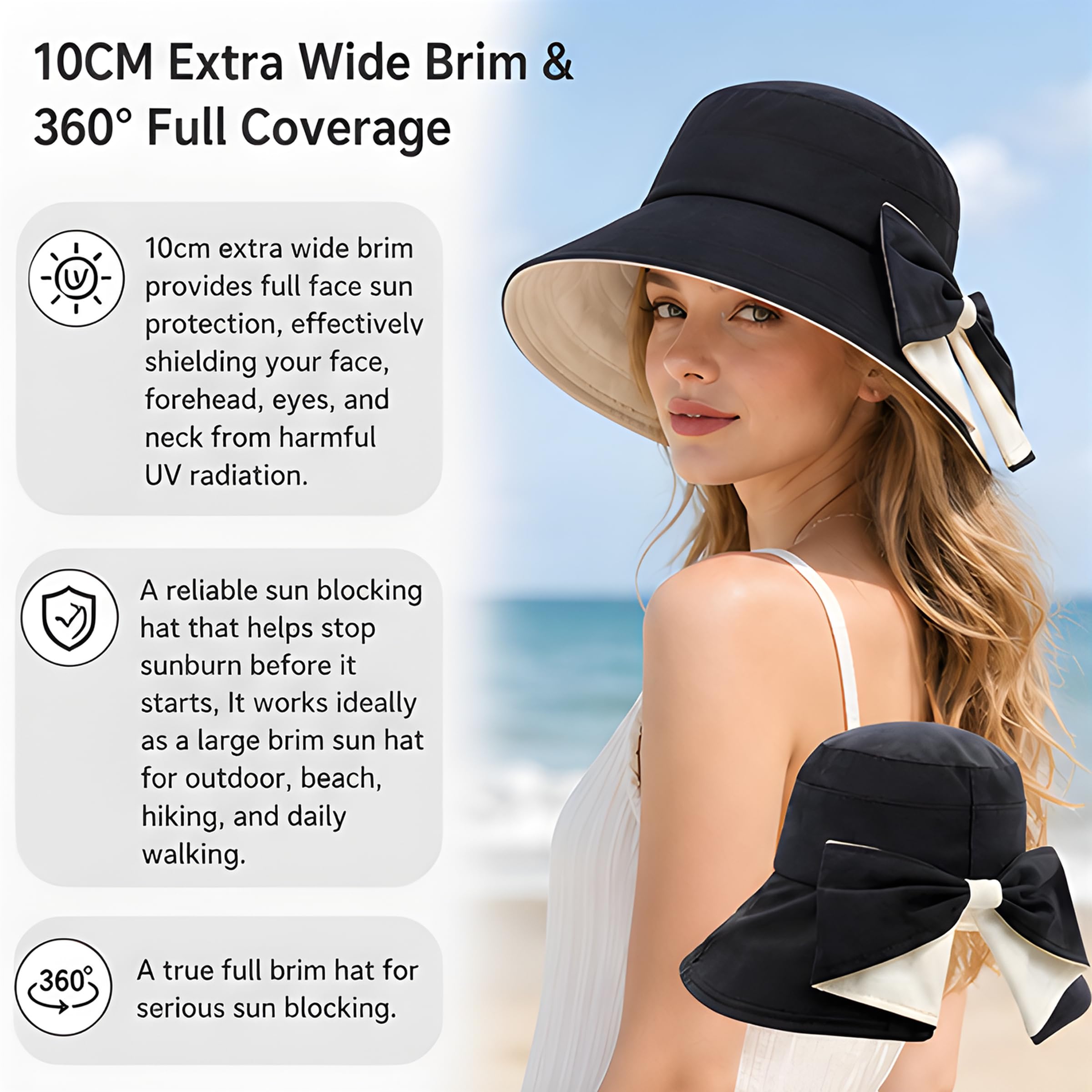 Cappello da donna con fiocco a tesa larga, protezione solare a 360° dai raggi UV e dal sole, cappello pieghevole a coda di cavallo, regolabile, ripiegabile, capanna estiva da spiaggia con