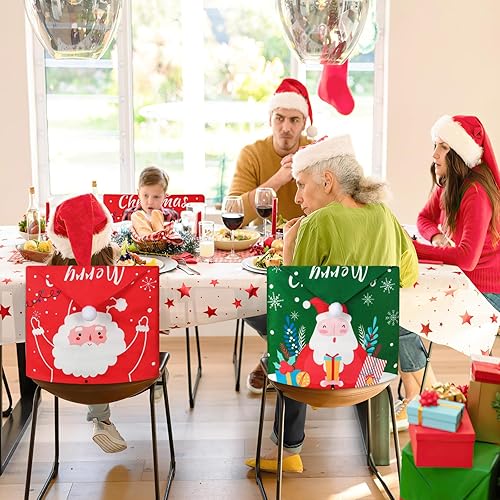 Miniatura 6 de Weldomcor Juego de 4 fundas para sillas navideñas para decoración navideña, fundas protectoras de silla, con sombrero de Papá Noel, copo de nieve,
