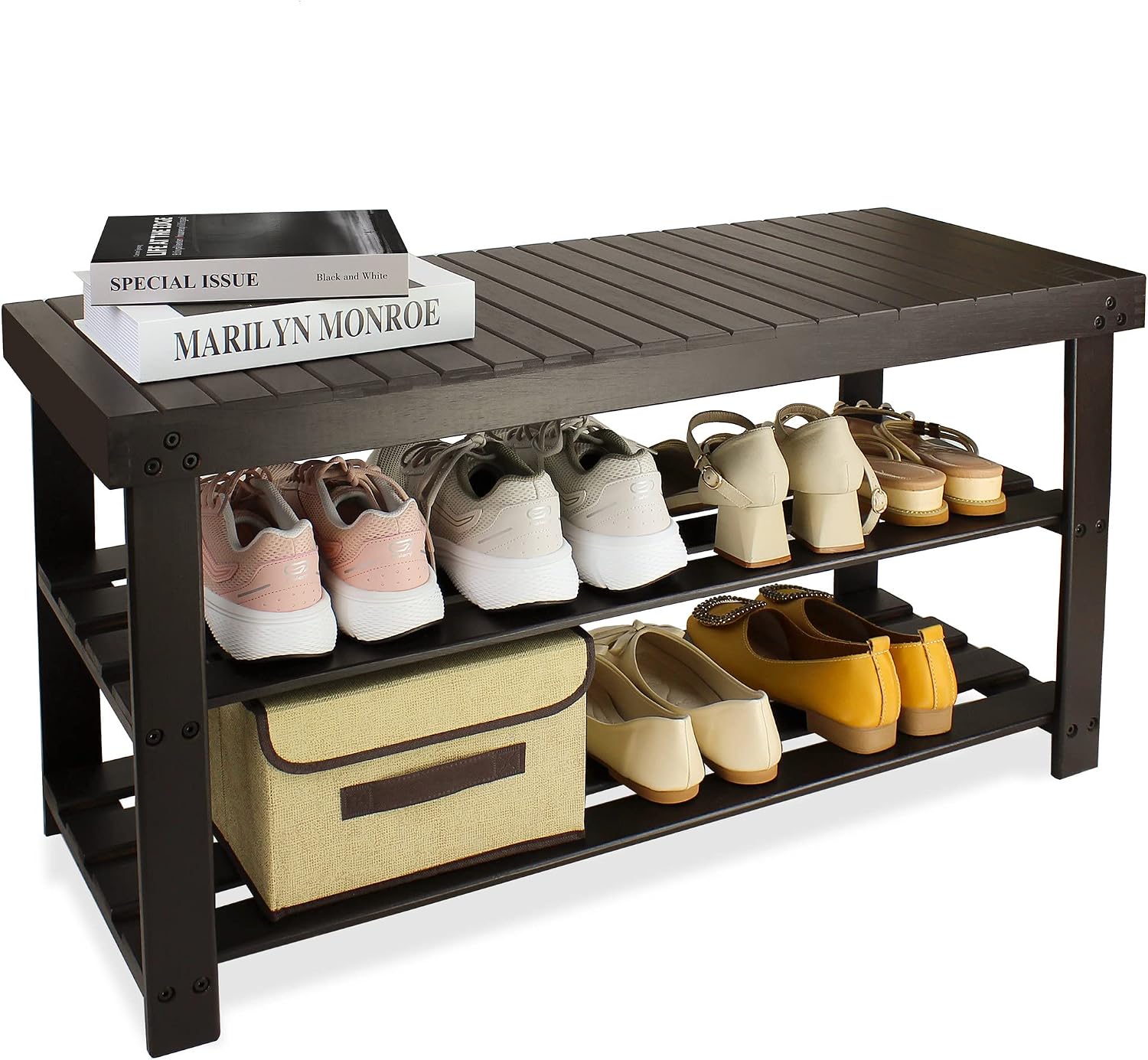 Best Review SMIBUY Bamboo Shoe Rack Bench, 35.43 L x 12.6 W x 17. 5 H, 3-Tier Shoe Organizer Storage Shelf for Entryway Hallway Bathroom Living Room (Dark Brown)