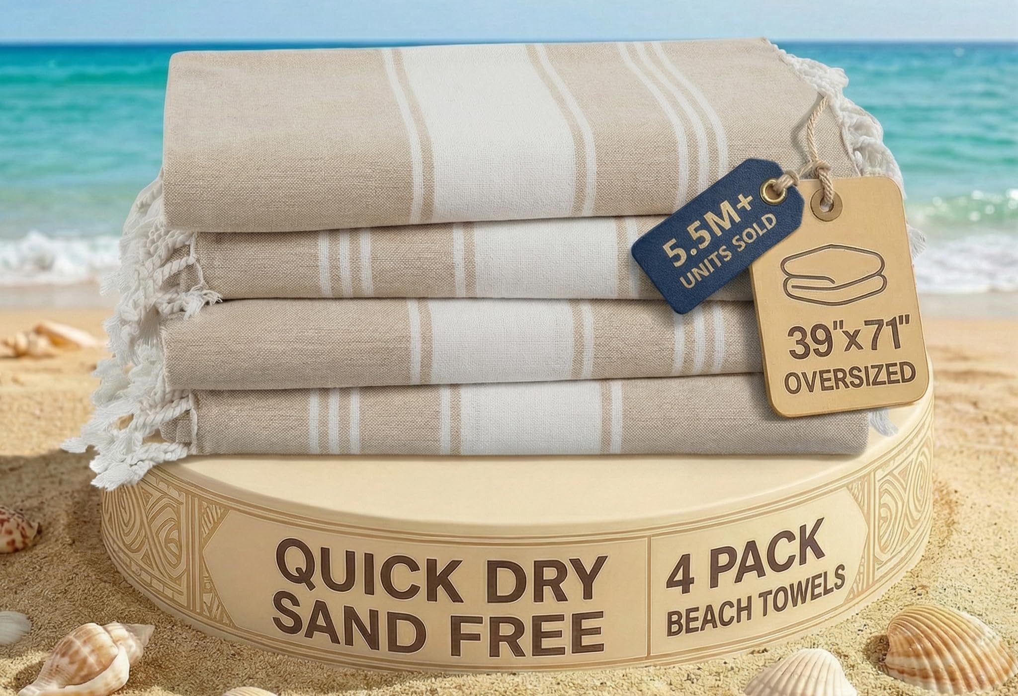 Lane Linen Beige Oversized Beach Towels – 4 Pack, 39"X71" Cotton Rich & Quick Dry Travel Towels For Adults, Lightweight & Pre-Washed For Soft Feel,