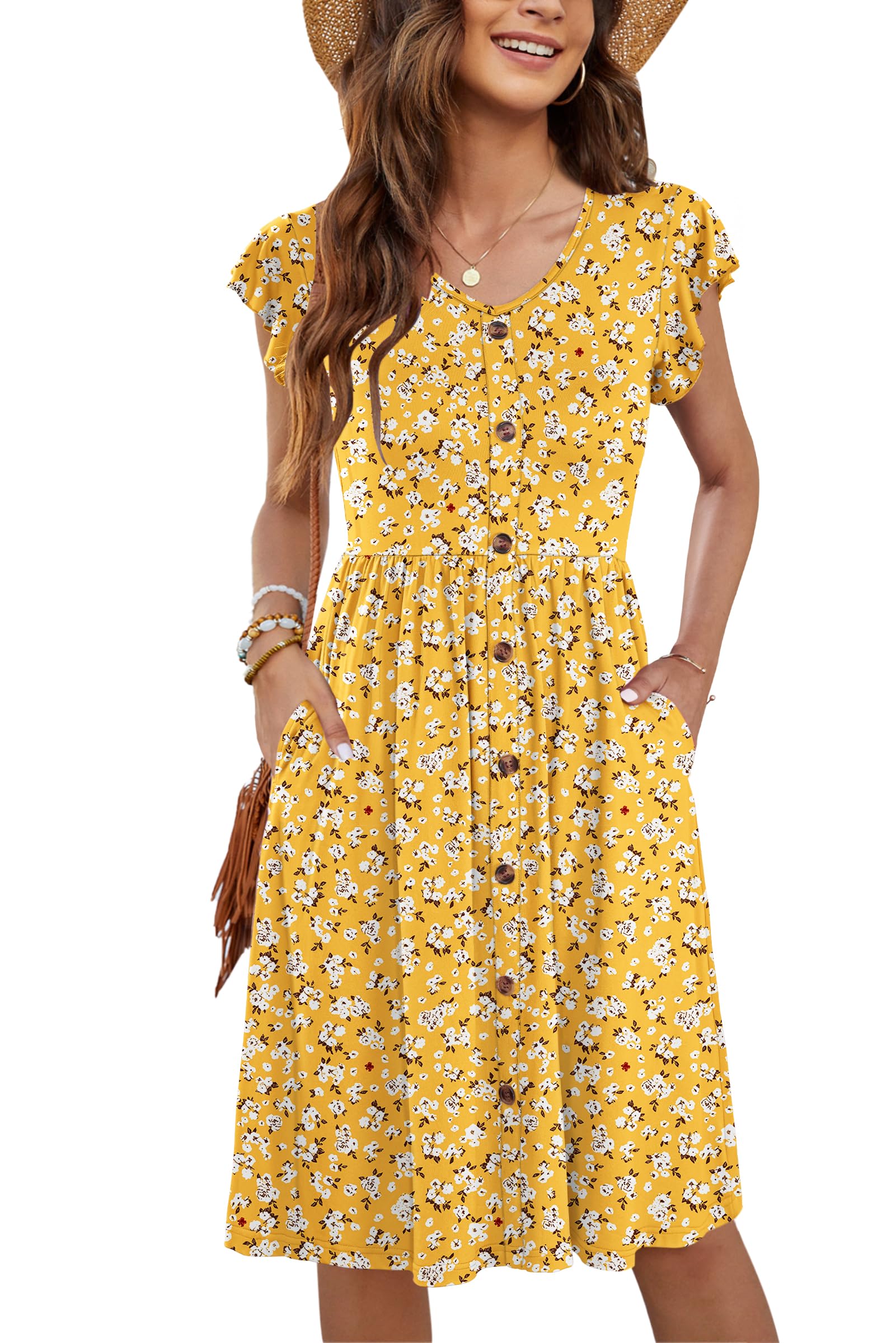 MOLERANI Ladies Summer Dresses Ruffle Sleeve V Neck Casual Swing Elastic Waist Midi Dress with Pockets Yellow Flower 2XL