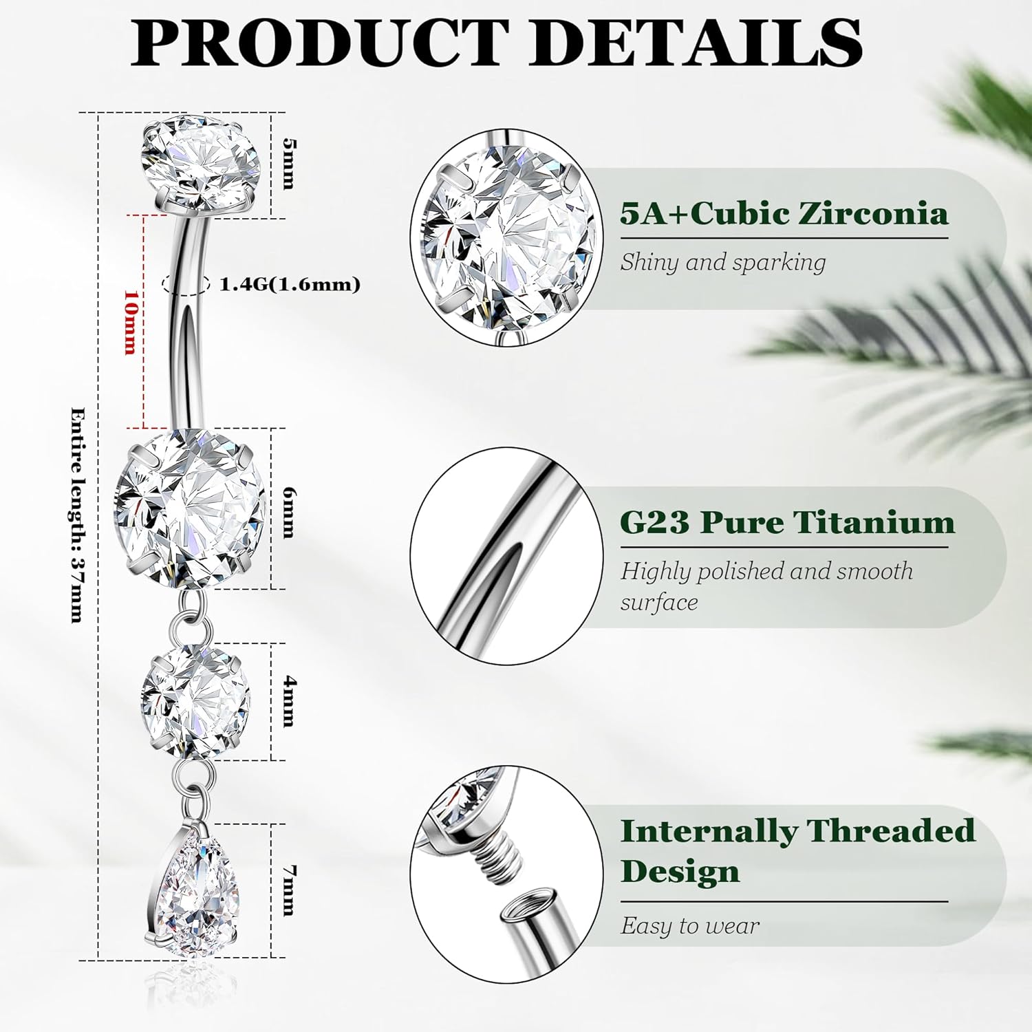 REVOLIA 14G G23 Pure Titanium Dangle Belly Button Ring for Women Teardrop Navel Ring Dangling CZ Belly Ring Internally Threaded Belly Button Piercing Jewelry 10MM - Image 3