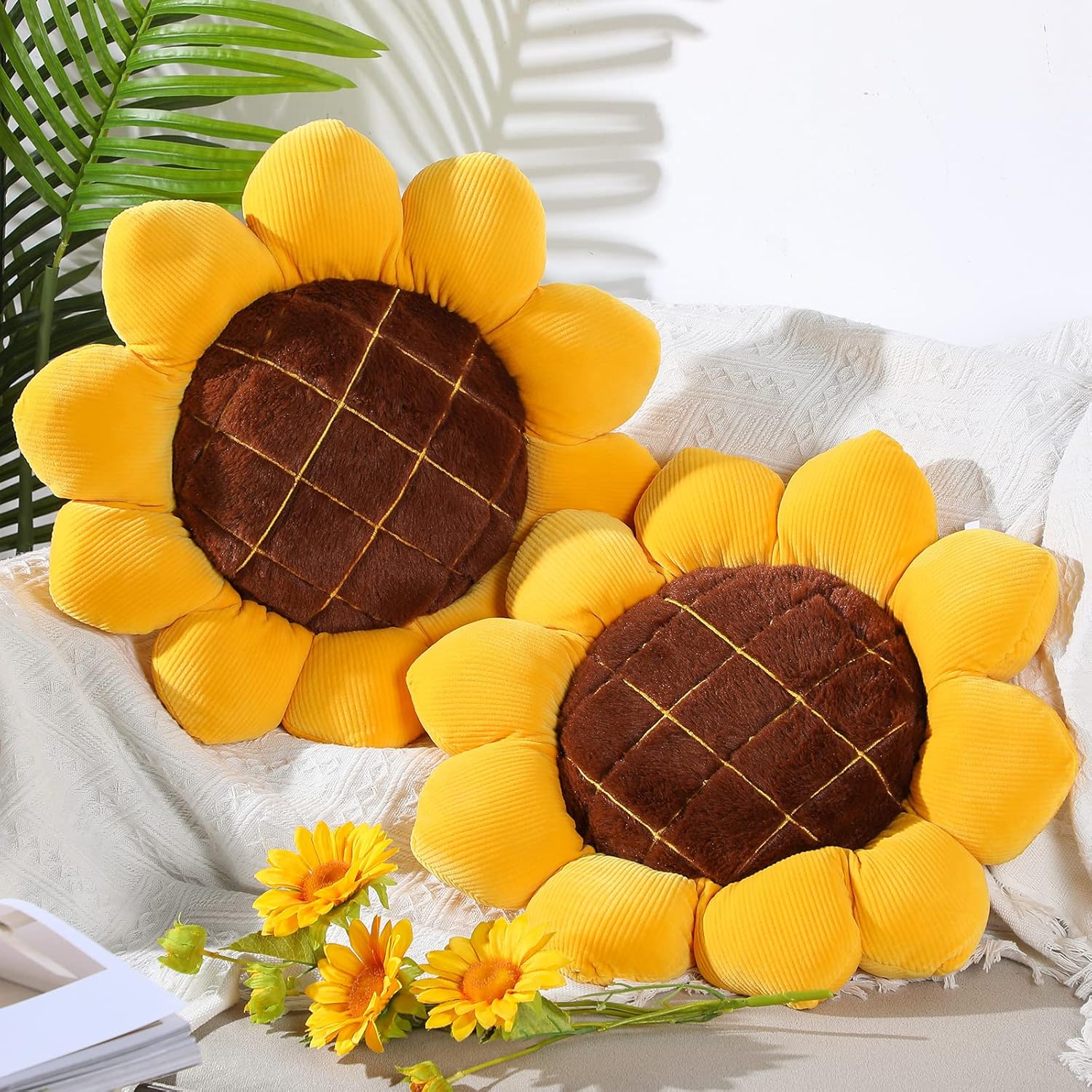 Coume 2 Pieces 3D Sunflower Flower Floor Pillow Seating Cushion Mat Sunflower Shaped Throw Pillow Yellow Chair Pads Decorative Plush for Bed Car Chair Sofa Office Gifts(19 Inch)