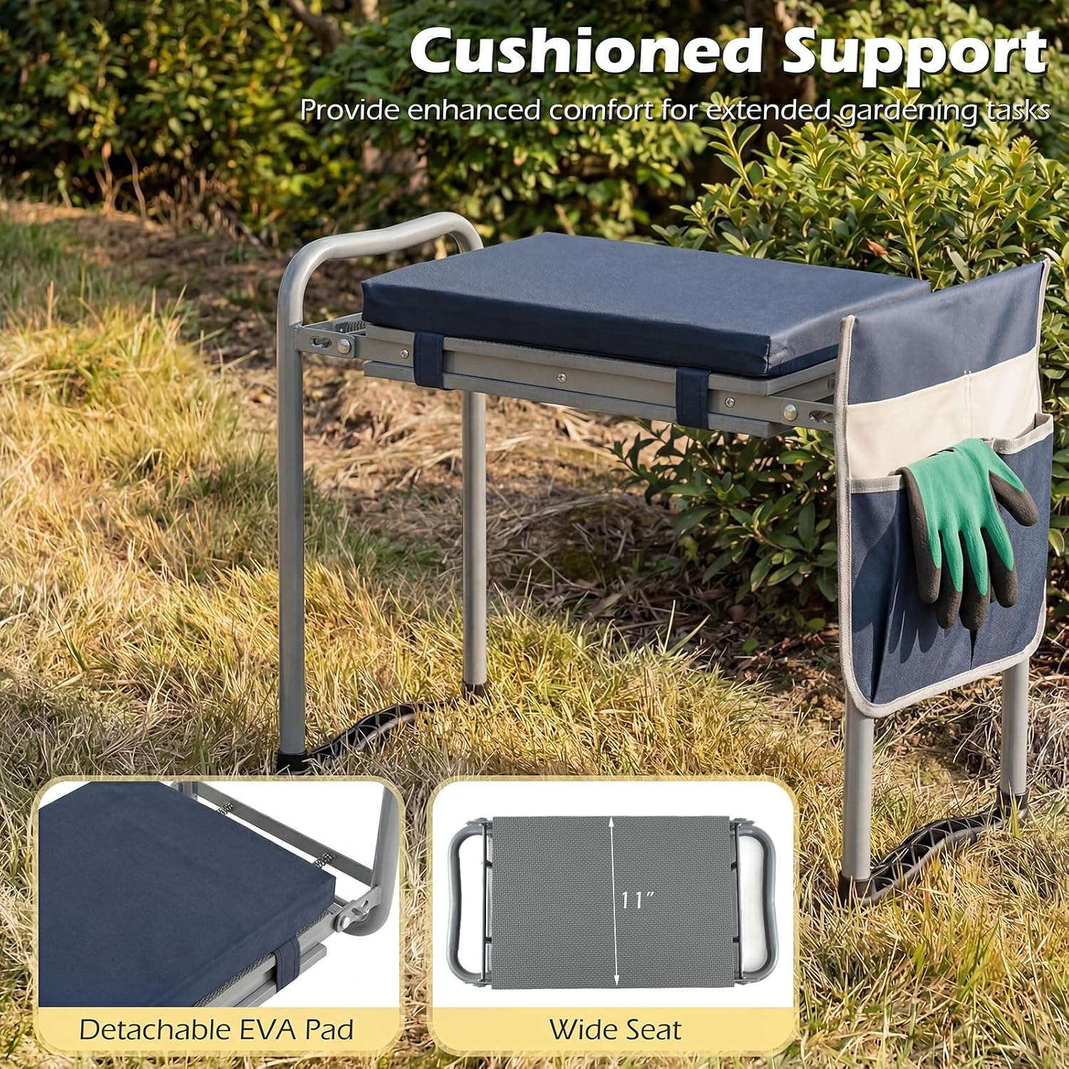 Goplus Foldable Garden Kneeler and Seat, 11" Wide 2-in-1 Gardening Bench, Detachable Thick EVA Foam Pad, 350 lbs Heavy-Duty Metal Frame, Tool Pouch, Portable Stool, Gardening Kit for Seniors (Blue)