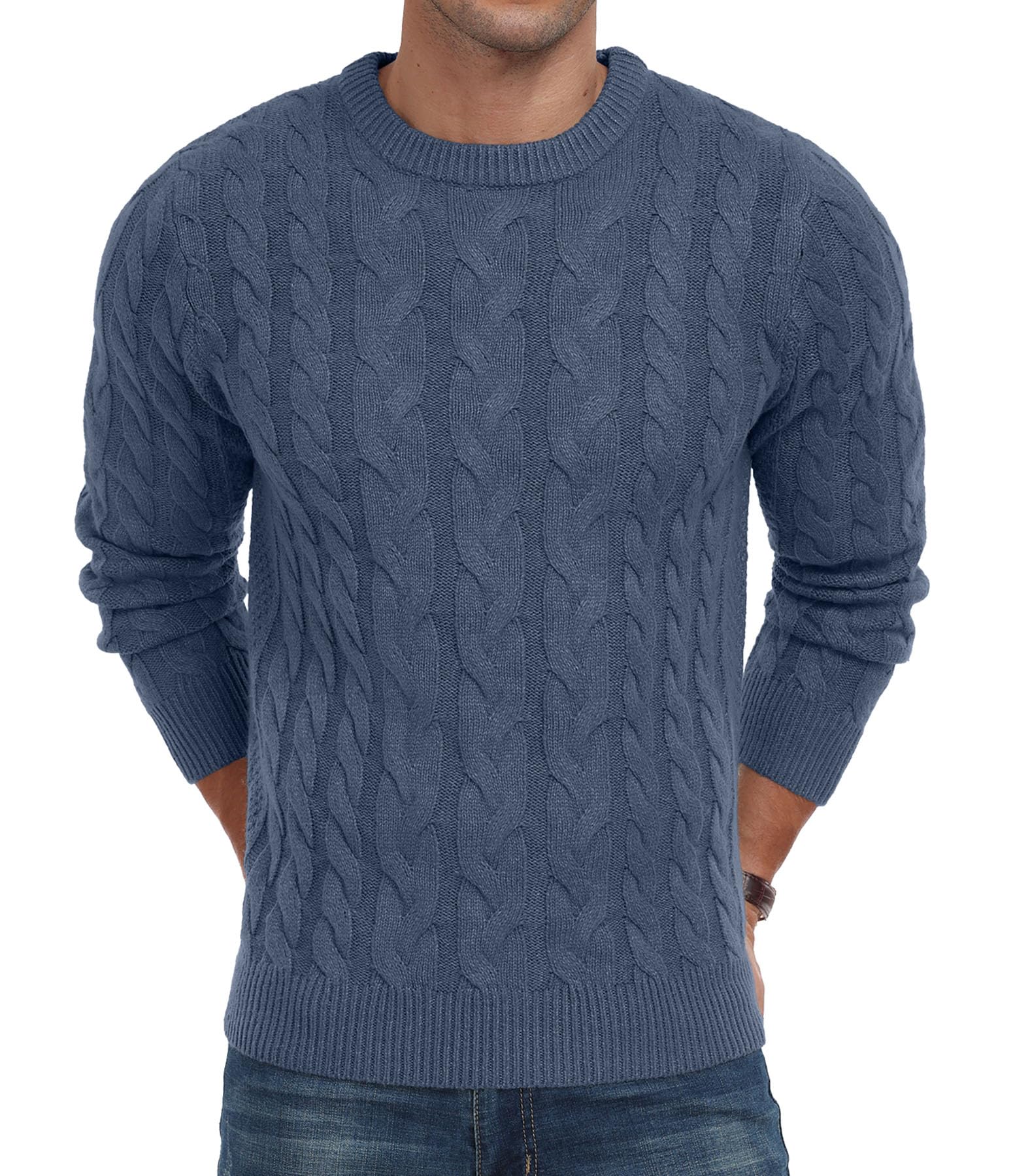 QIXING Men's Cable Knit Jumper Crew Neck Casual Long Sleeve Chunky Knit Sweater with Ribbing Edge