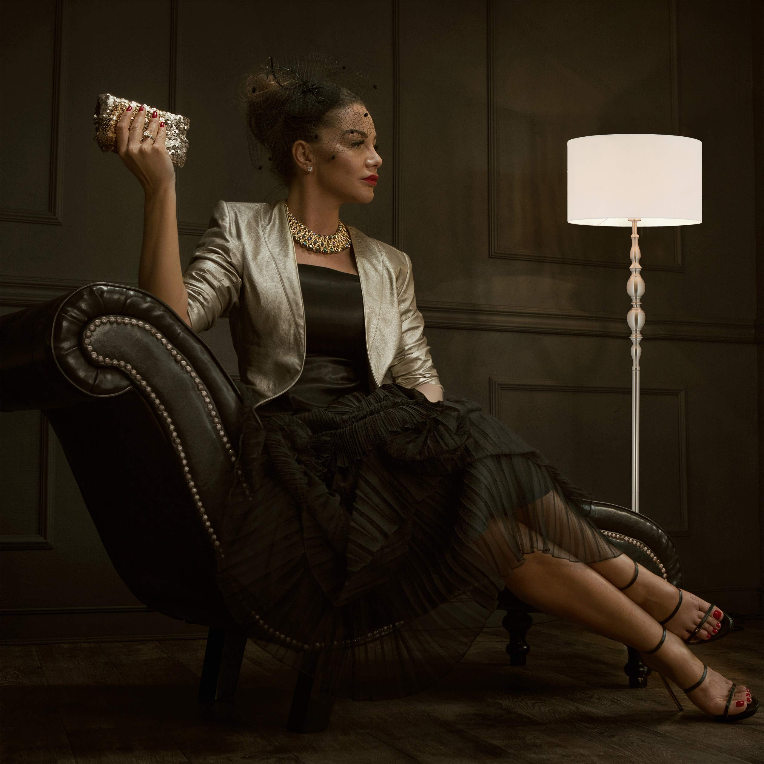 Relaxdays Lampada da Terra, Piantana Salotto E27, Cavo, Paralume Stoffa Ø 43 cm, Design Vintage, 155 cm, Bianco/Argento