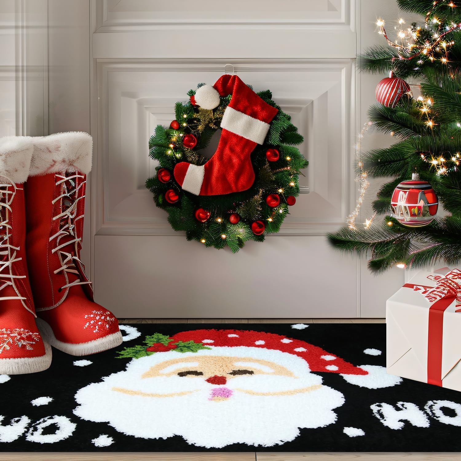Christmas Bathroom Rugs, Cute Santa Claus Black Soft Absorbent Bath Mat, Non Slip Merry Christmas Shower Mat for Bathroom Decorations, 20" x 32"