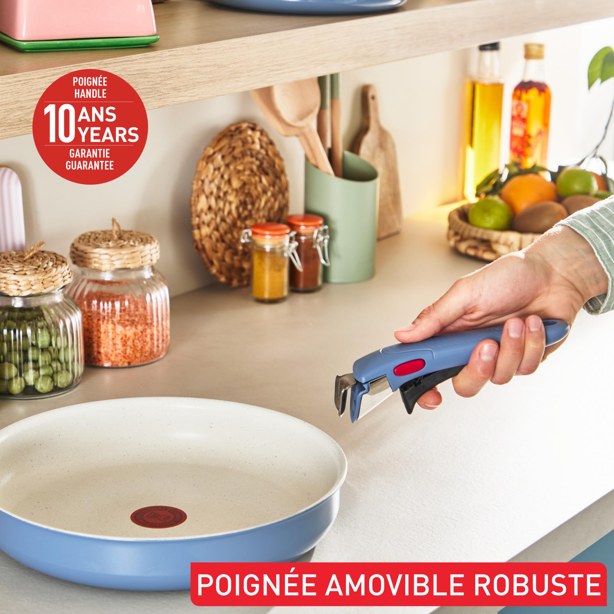 Tefal Ingenio Serenity, Batterie de cuisine 4pièces, Revêtement antiadhésif, Poignée amovible sécurisée, Design empilable, BLUE CALM