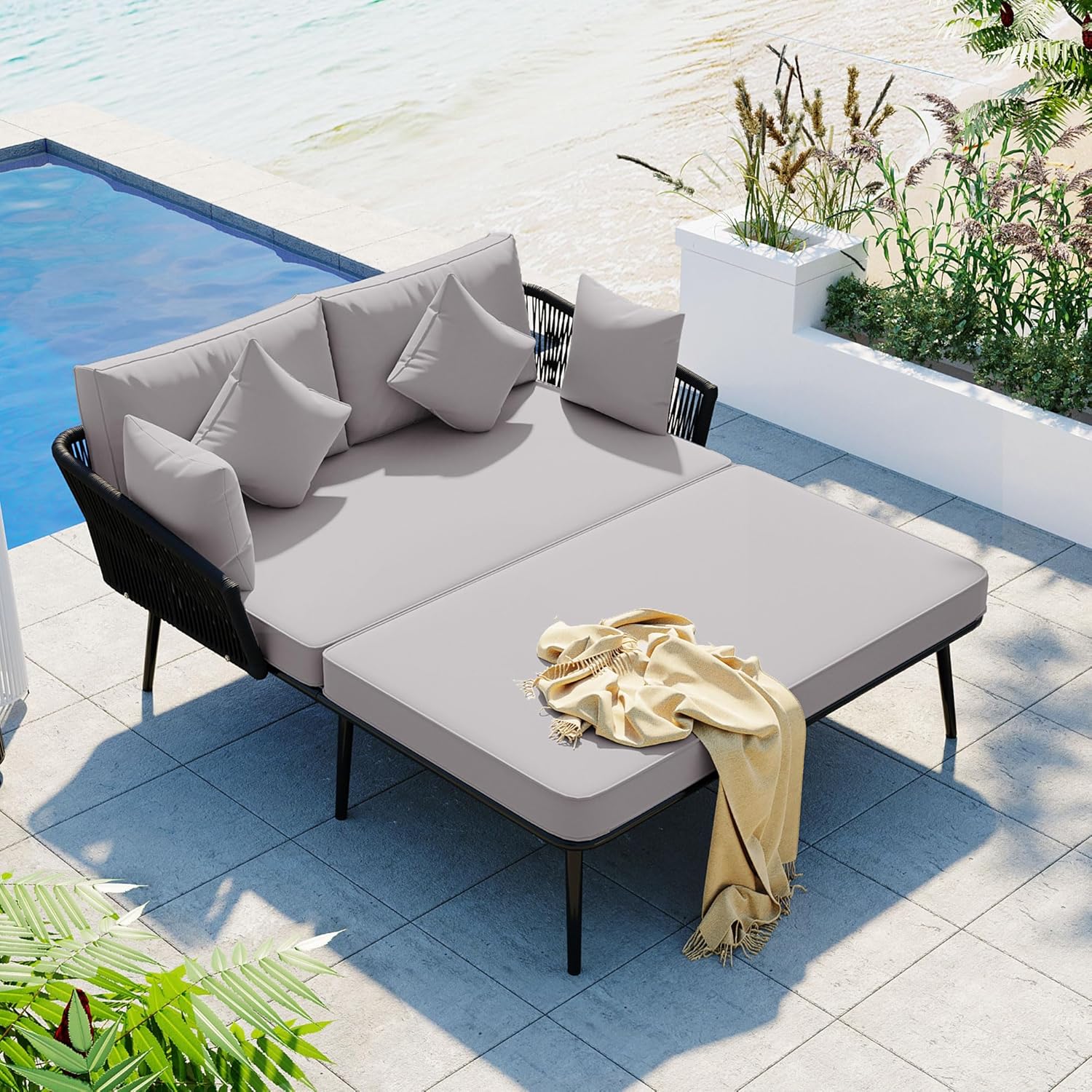 Amazon.com: Outdoor Patio Daybed Double Reclining Chairs with Woven ...