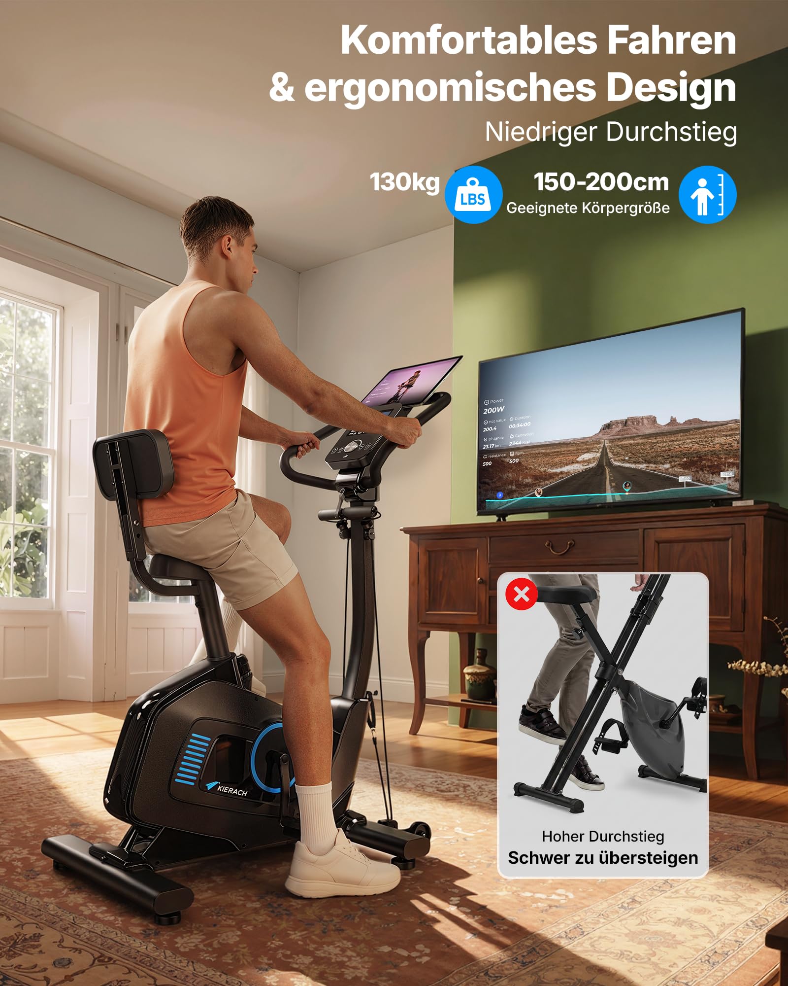 MERACH 4 in 1 Ergometer Heimtrainer Fahrrad mit Automatische Widerstandsanpassung, 16-stufigem Magnetwiderstand, Leisem Antrieb, 2 Trainingsmodi, App-Steuerung, Komfort-Rückenlehne, Widerstandsbändern