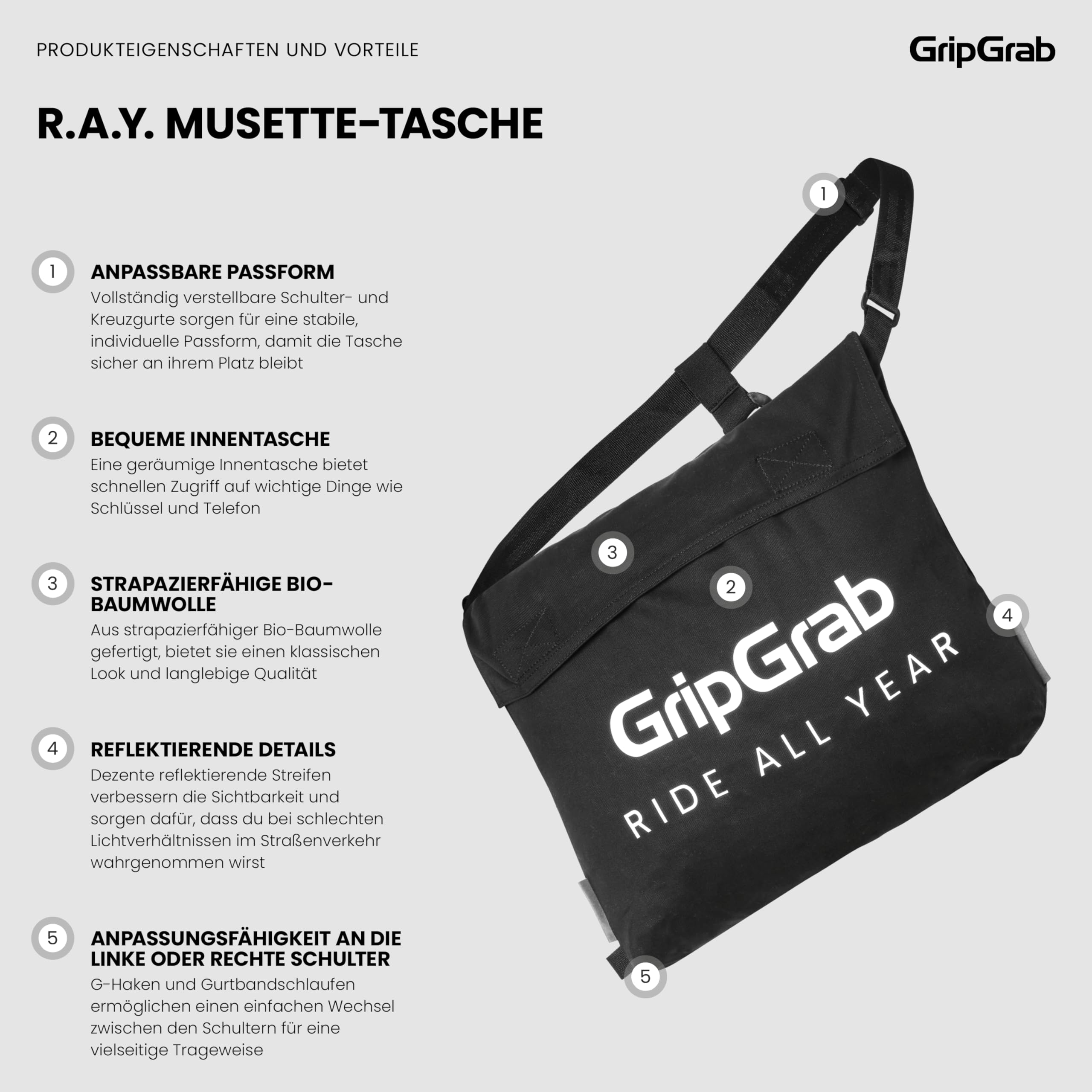 GripGrab R.A.Y. Musette Bag – Fahrrad Umhängetasche 7L Messenger Tasche | Cycling Musette Bag aus Bio-Baumwolle – Schultertasche & Messenger Bag – 7L Volumen für Fahrradhelm, verstellbarer Gurt