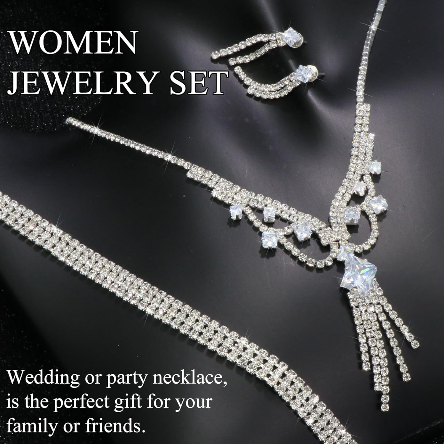 Rhinestone Jewelry Set Necklace Bracelet Earrings Set Sparkly Necklace Dangle Earrings Prom Formal Costume Jewelry Sets for Women and Brides - Image 6