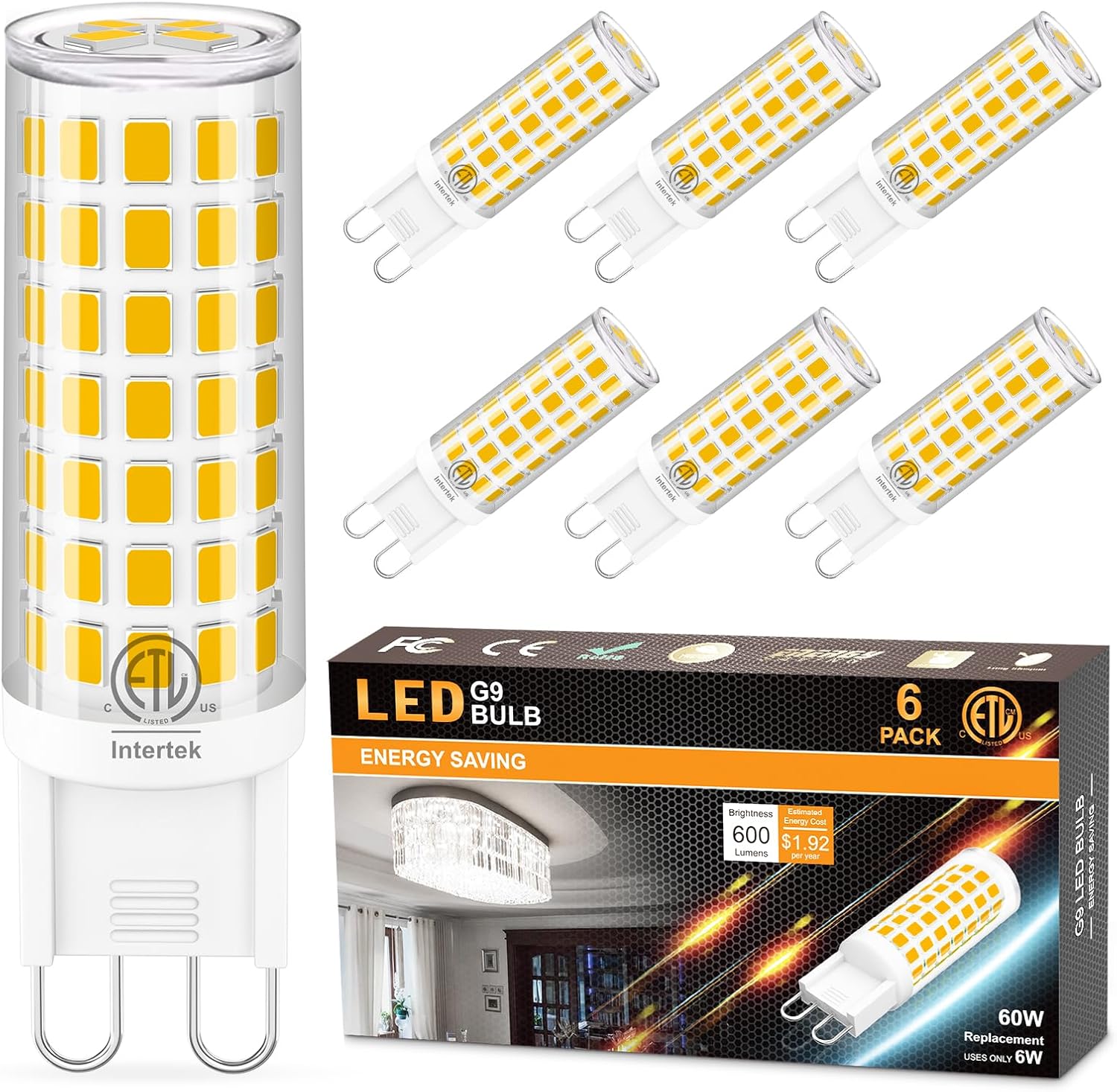hansang G9 LED Bulb Bi Pin Ceramic Base 2700K Soft White, 60W Halogen Equivalent T4 LED Light Bulbs, G9 Base Chandelier Light Bulb for Home Lighting, 600LM, Non-dimmable, 6 Pack