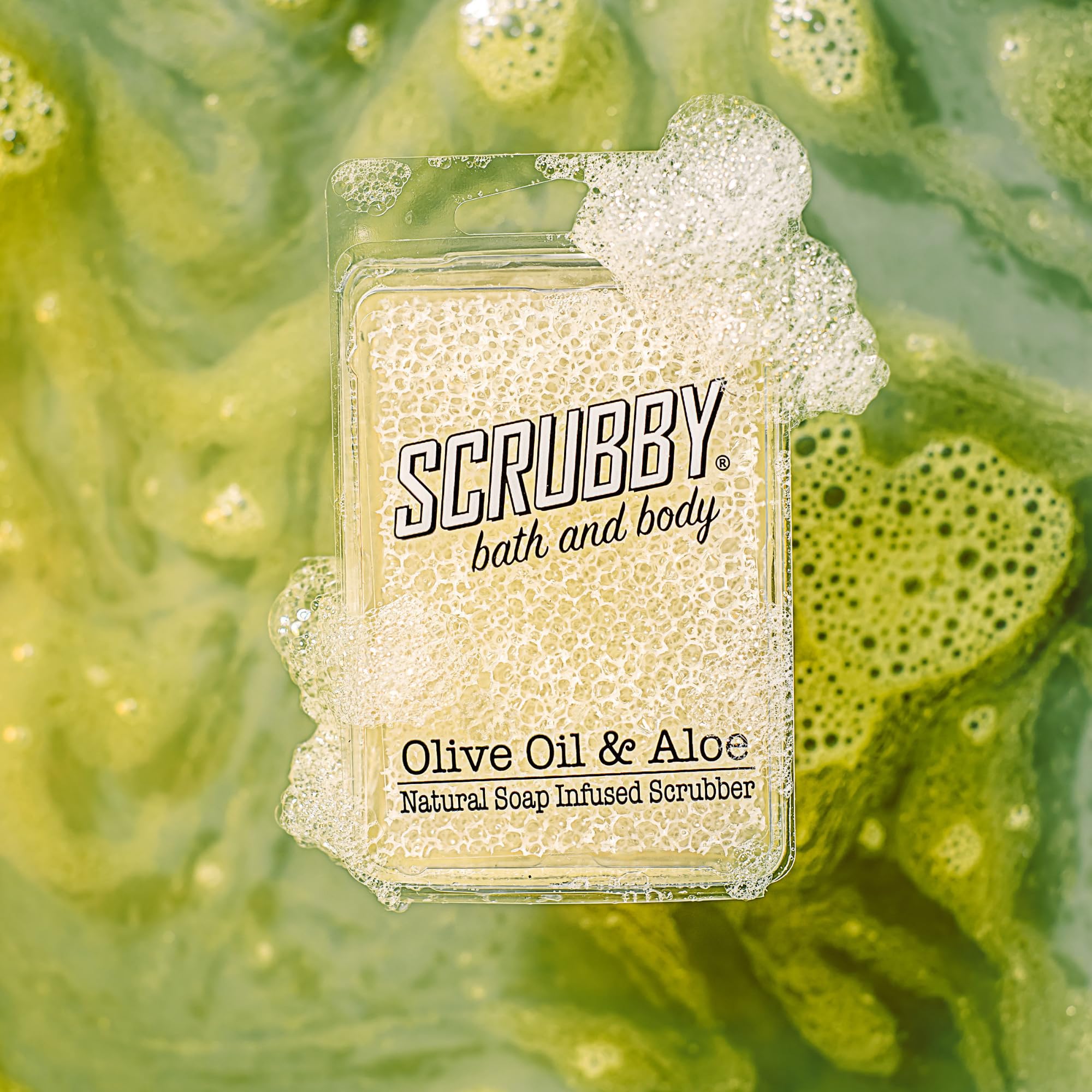 Scrubby Natural Soap Infused Scrubber - Olive Oil & Aloe - Scented w/ 100% Essential Oils - Exfoliating and Hydrating Bath & Body Bar