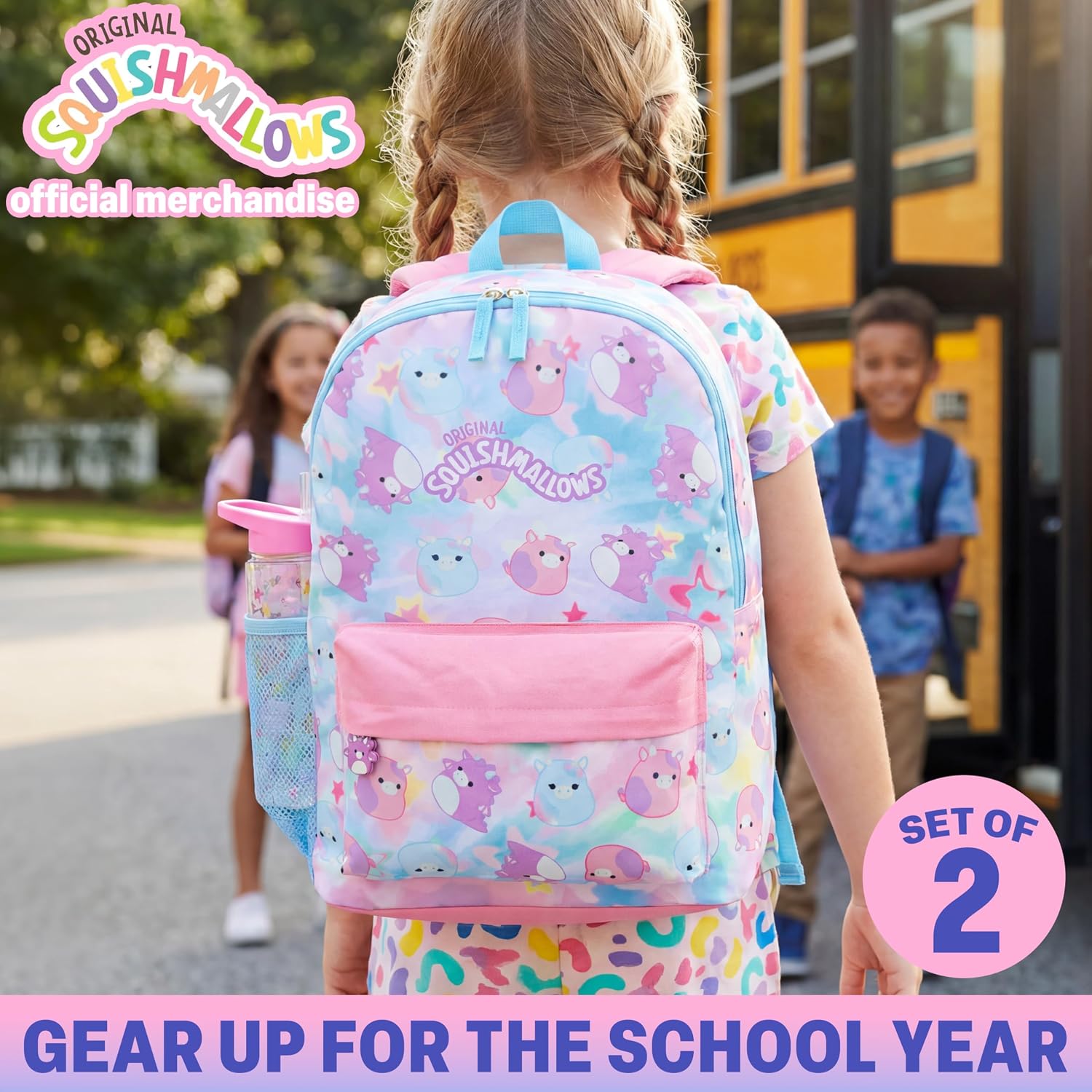 Get Trend Squishmallows Girls Backpack & Water Bottle, 2 Piece Set | 17 inches Bookbag, Adjustable Padded Straps, 16.9 fl oz, BPA-Free Bottle with Straw, Gifts for Girls (Multi Squishmallows)