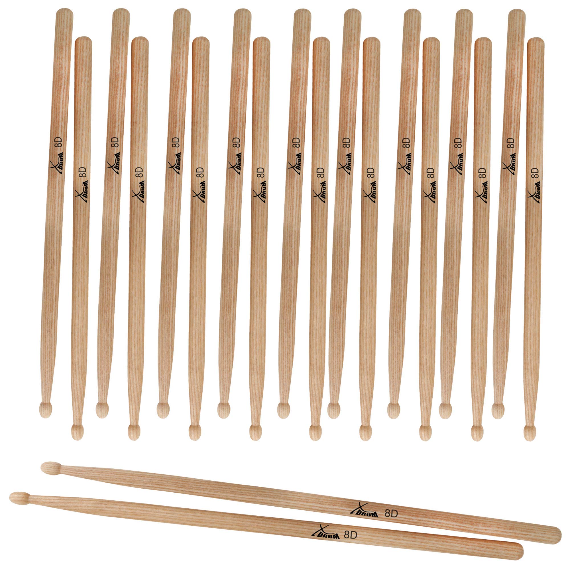 10 Paia Bacchette XDrum 8D Wood Tip, Spessore: 8D, Lunghezza: ca. 405 mm | Diametro: ca. 14 mm, Punta: legno, a goccia, Materiale: Hickory, Superficie antiscivolo, 10 paia in confezione risparmio