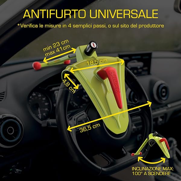 Bullock Defender Pro - Blocca Volante Antifurto Universale per Auto, Scudo di Sicurezza in lega Rinforzata, Ideale per City Car, Facile Installazione, Giallo - 5