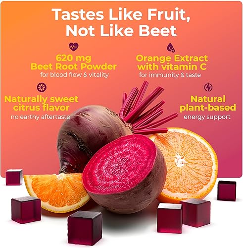 Miniatura 2 de Gomitas de raíz de naranja y remolacha Potenciador de óxido nítrico para energía y circulación Remolacha masticable con naranja Suplemento de