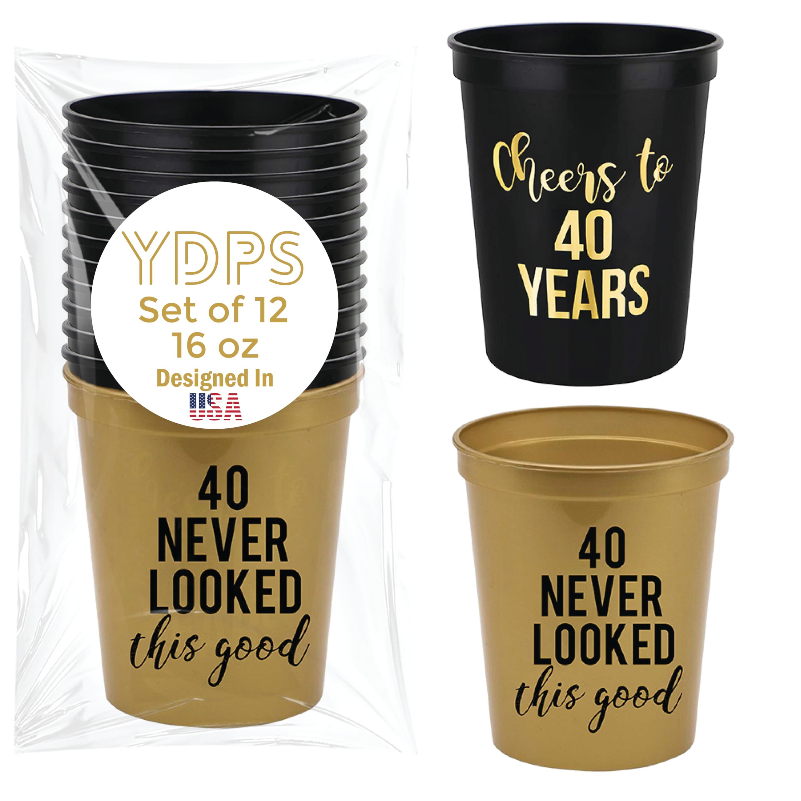 Cheers to 40 Years Birthday Cups- Gold "40 Never Looked So Good" Cups, Set of 12, Black and Gold 40th Birthday Decorations for Parties