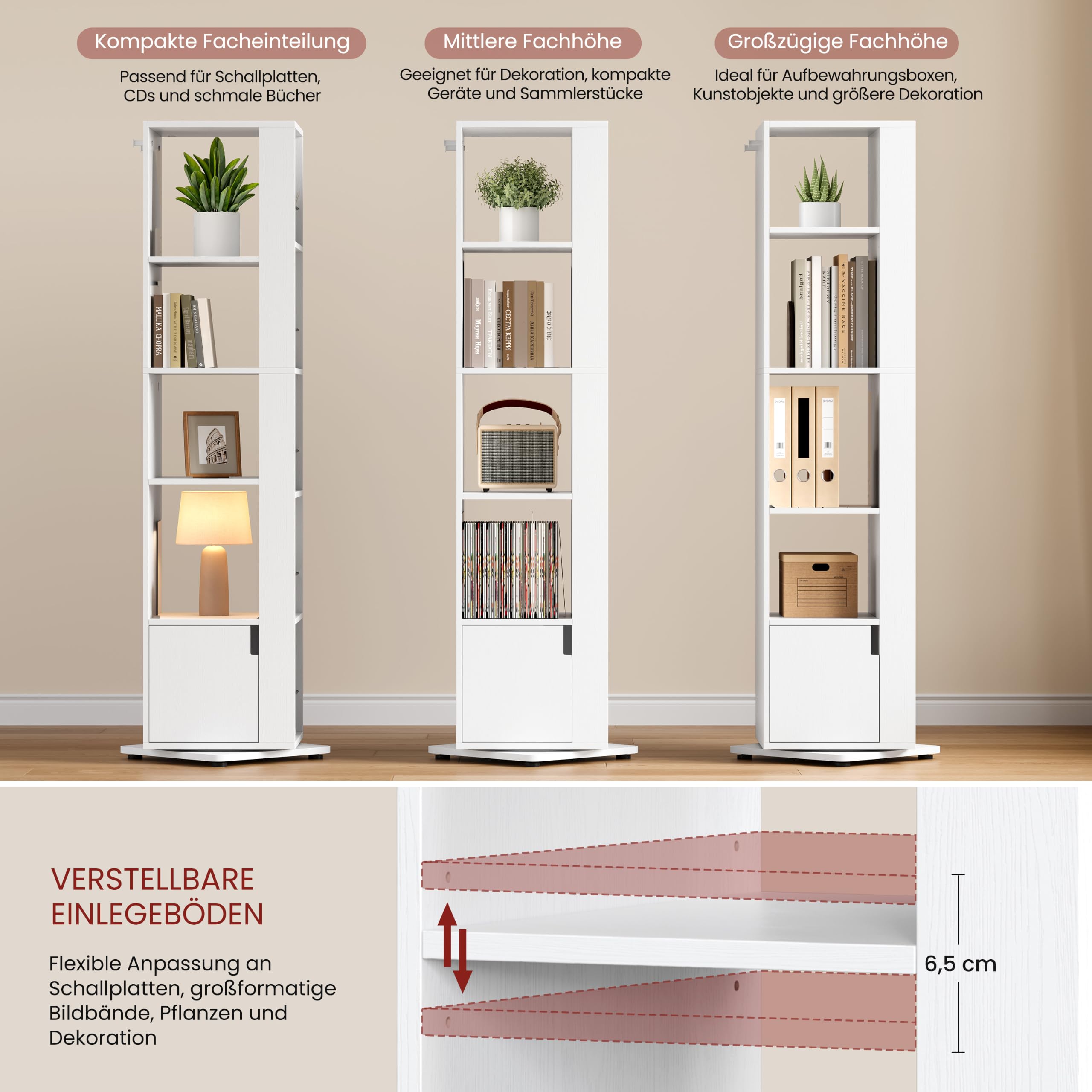 Yaheetech 5 Ebenen Drehbares Bücherregal 360 Grad, 20 Fächer Standregal, 42 × 42 × 169 cm, Drehregal Dekoregal Lagerregal mit Verstellbaren Einlegeböden, für Wohnzimmer, Schlafzimmer, Büro (Weiß)