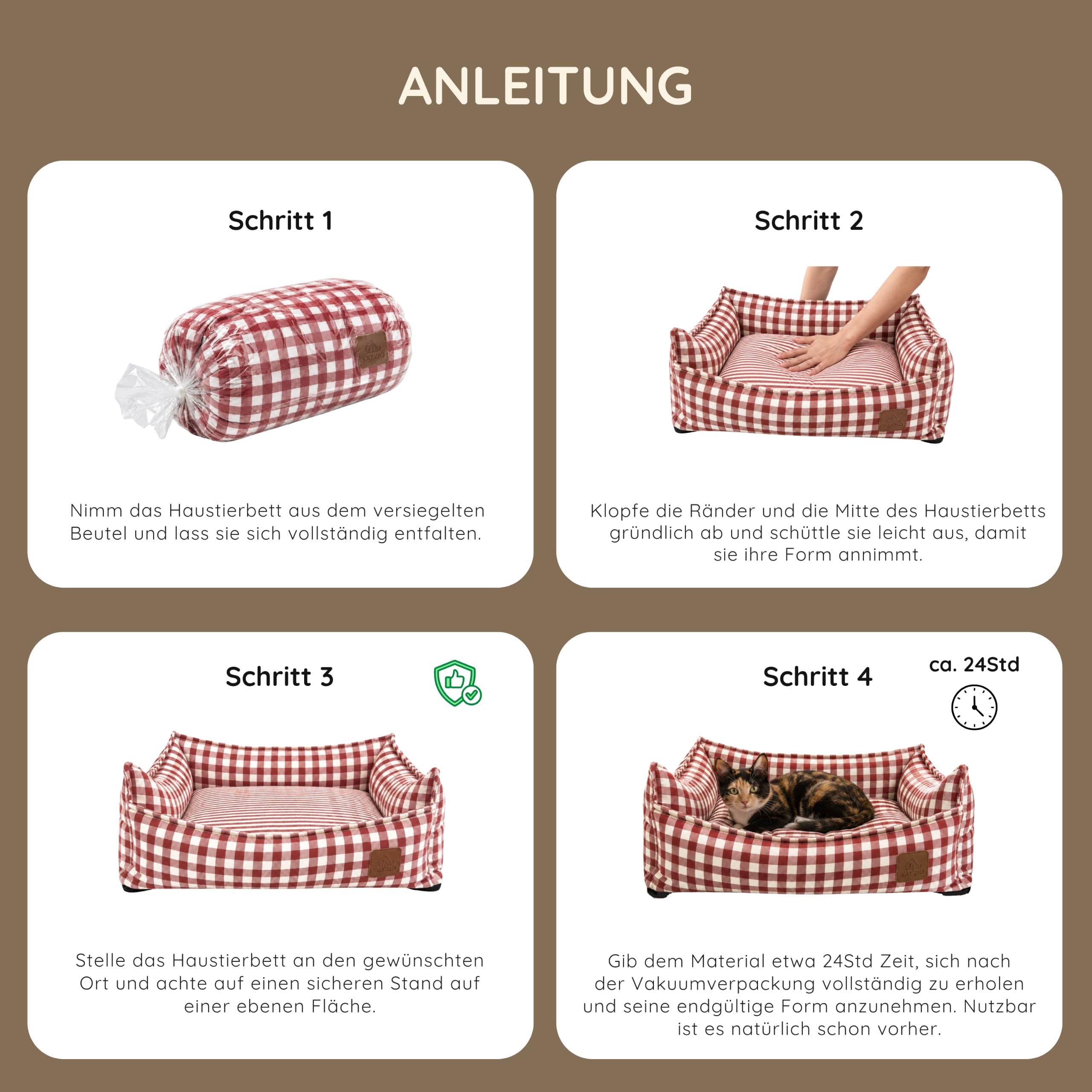 Haustierbett für Katzen & kleine Hunde, Kariertes Katzenbett mit waschbarem Bezug & herausnehmbarem Kissen, formstabiles Hundebett & Katzenkorb, 60 x 50 x 20 cm rot