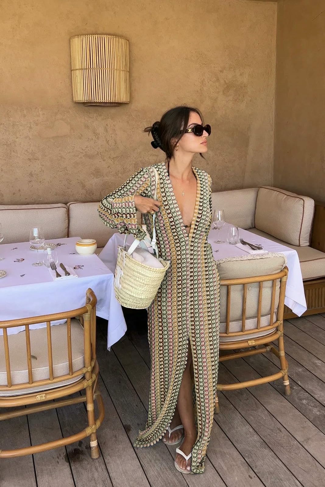 Vestiti a Maniche Lunghe Abito Strisce Colorate da Donna, Diviso con Manicotto V-Collo V, Lungo in Pizzo Sexy, Nuova Spiaggia E Abbigliamento per Banchetti, Vestidos Eleganti