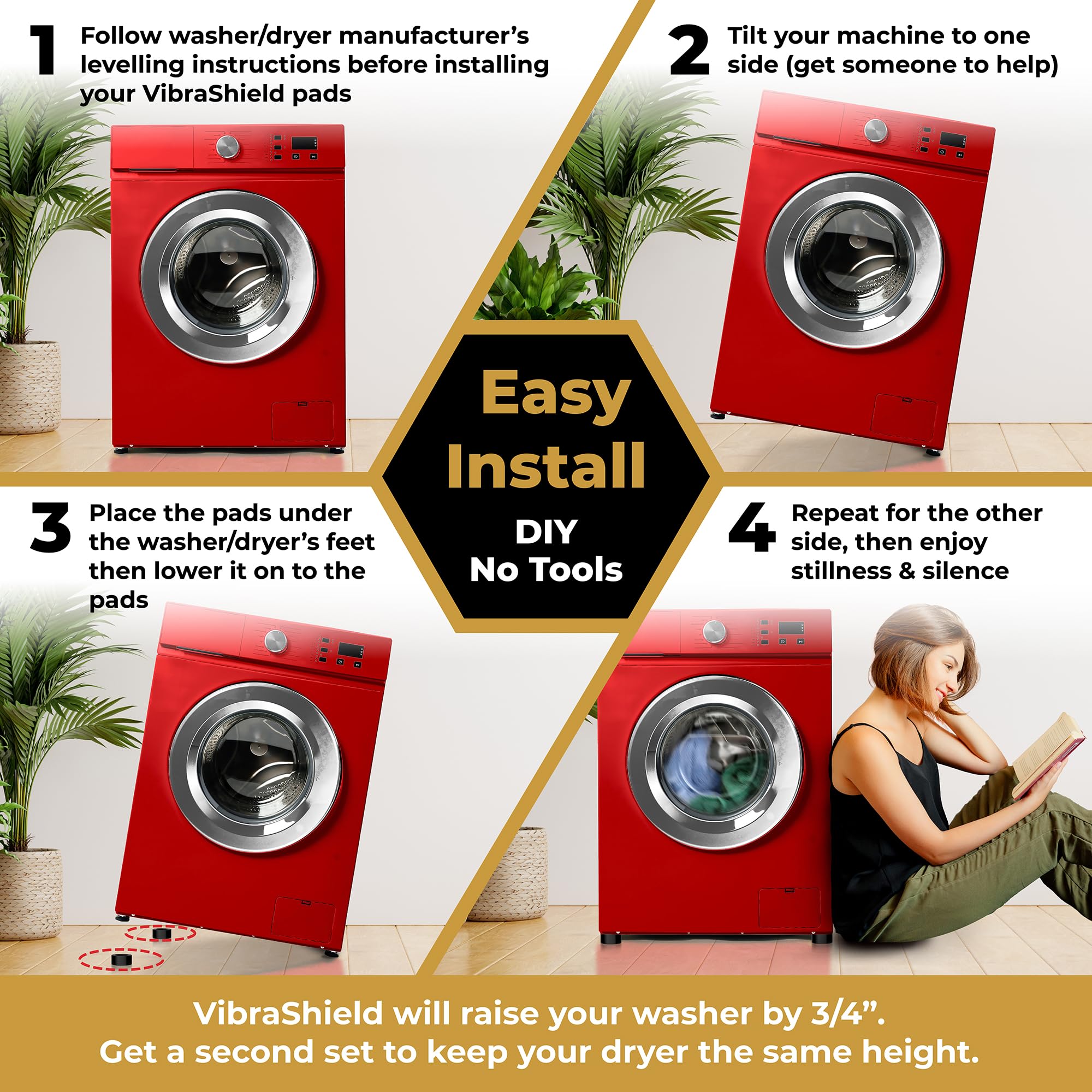 VIBRASHIELD - Almohadillas antivibración para lavadora con HexaGrip, detiene la lavadora y la secadora se mueva, camina, evita el ruido, la transferencia de vibraciones, estabilizador de goma