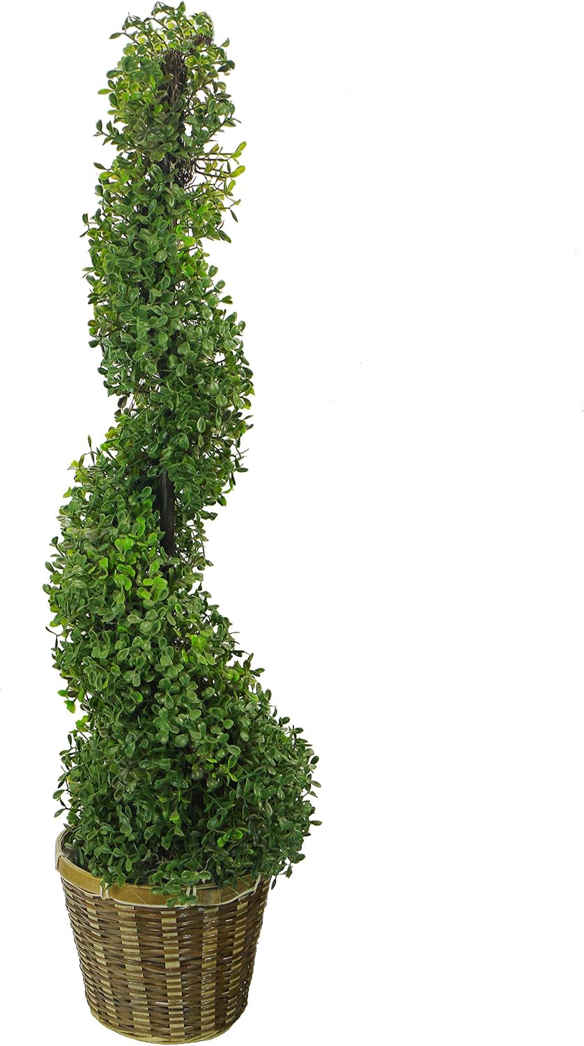 Admired By Nature 36" Artificial Topiary Tree Boxwood Plants Spiral Shape Faux Topiaries Tree with Planter - for Home Office Front Porch Decor in Green Pot and Bamboo Basket - Green, Two-Toned
