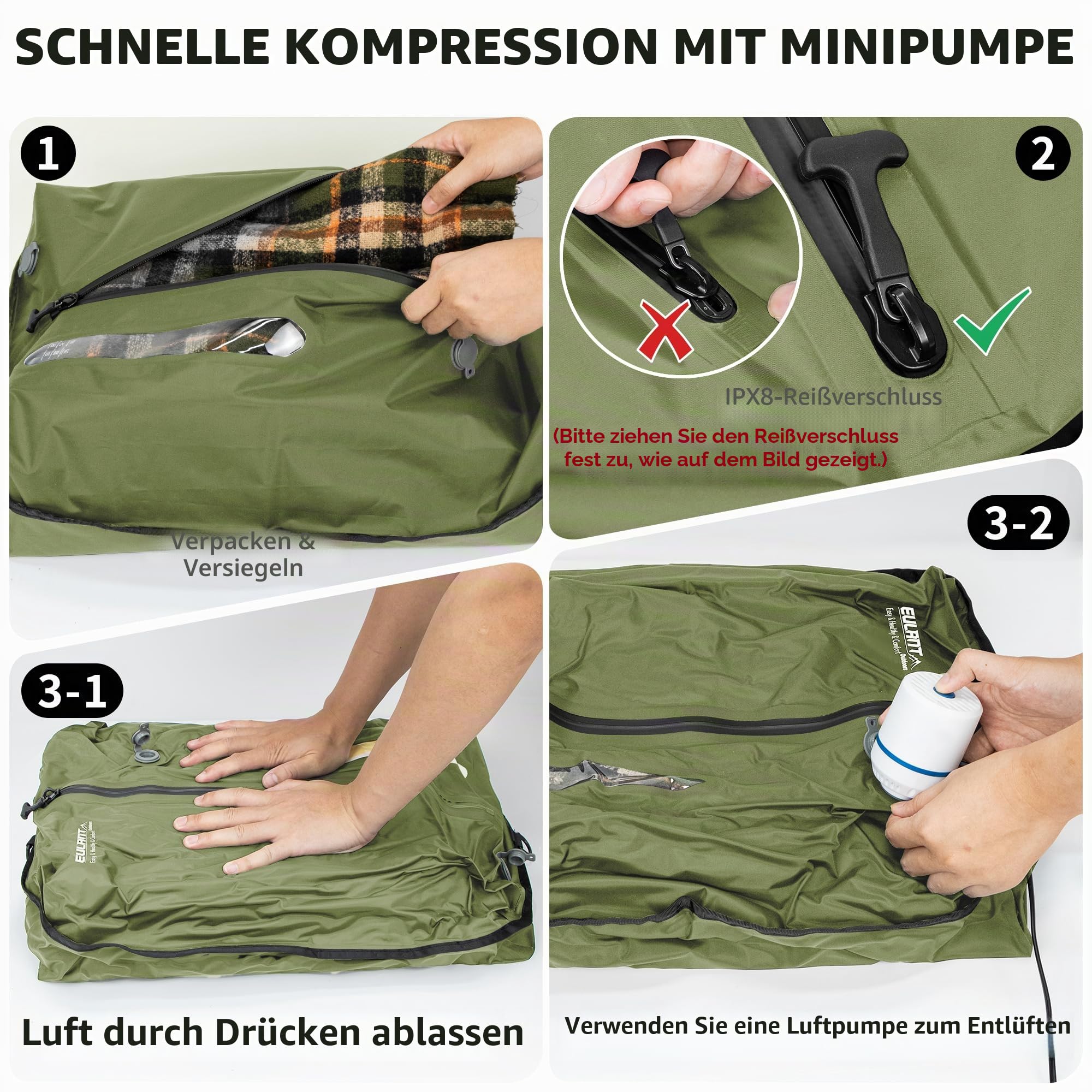 EULANT Wasserdicht Vakuumbeutel für Reisen mit Pumpe, Wiederverwendbare Kompressionsbeutel für Koffer/Gepäck/Rucksack, Vakuumversiegelungsbeutel mit IPX8 Luftdichtem Reißverschluss,Grün*3