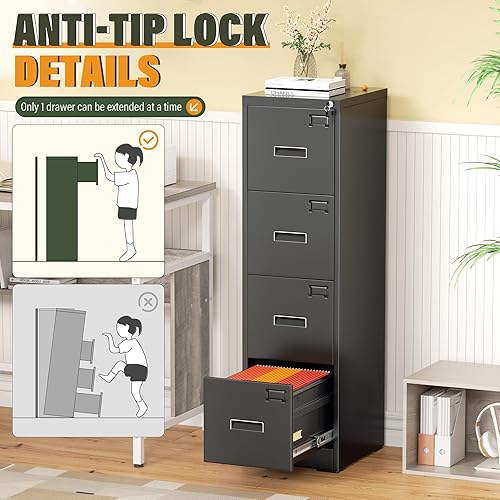 Miniatura 7 de Greenvelly Archivador negro con 4 cajones, archivador vertical de 18 pulgadas de profundidad con cerradura, archivador de bloqueo para oficina en