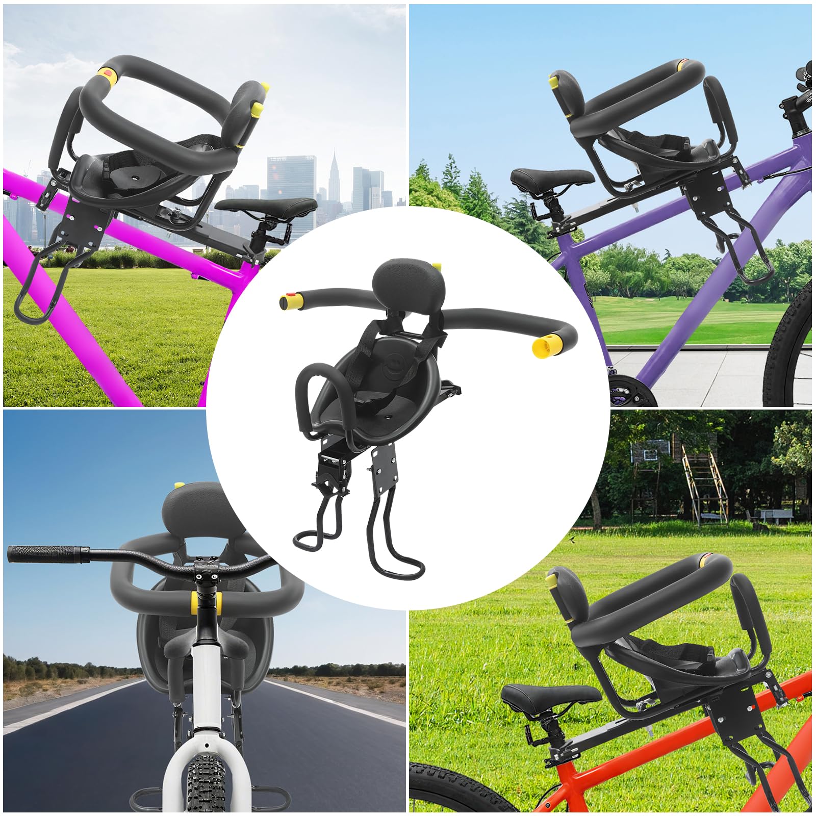 Siège avant pour vélo, selle enfant avec ceinture de sécurité et arceau pliable, longueur d'assise et hauteur de pédale réglables, sécurité enfant pour VTT, vélo de route et vélo de ville