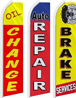 Oil Change Auto Repair Brake Services Flags Pack of 3 | 2.5ft x 11.5ft Outdoor King-Sized Advertising Flags | Durable Weatherproof Polyester Car Shop Banner Signs