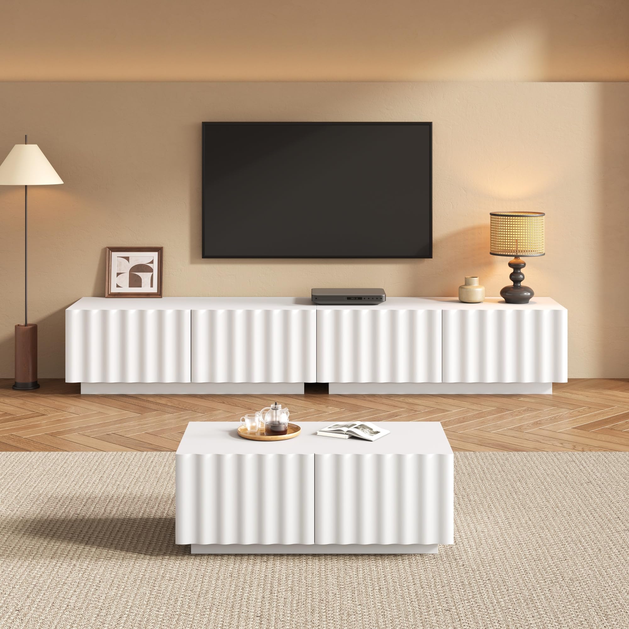Wohnzimmer-Set mit Wellenoptik, TV-Schrank + Couchtisch, modernes Stauraumset,stabil und praktisch (Weiß)