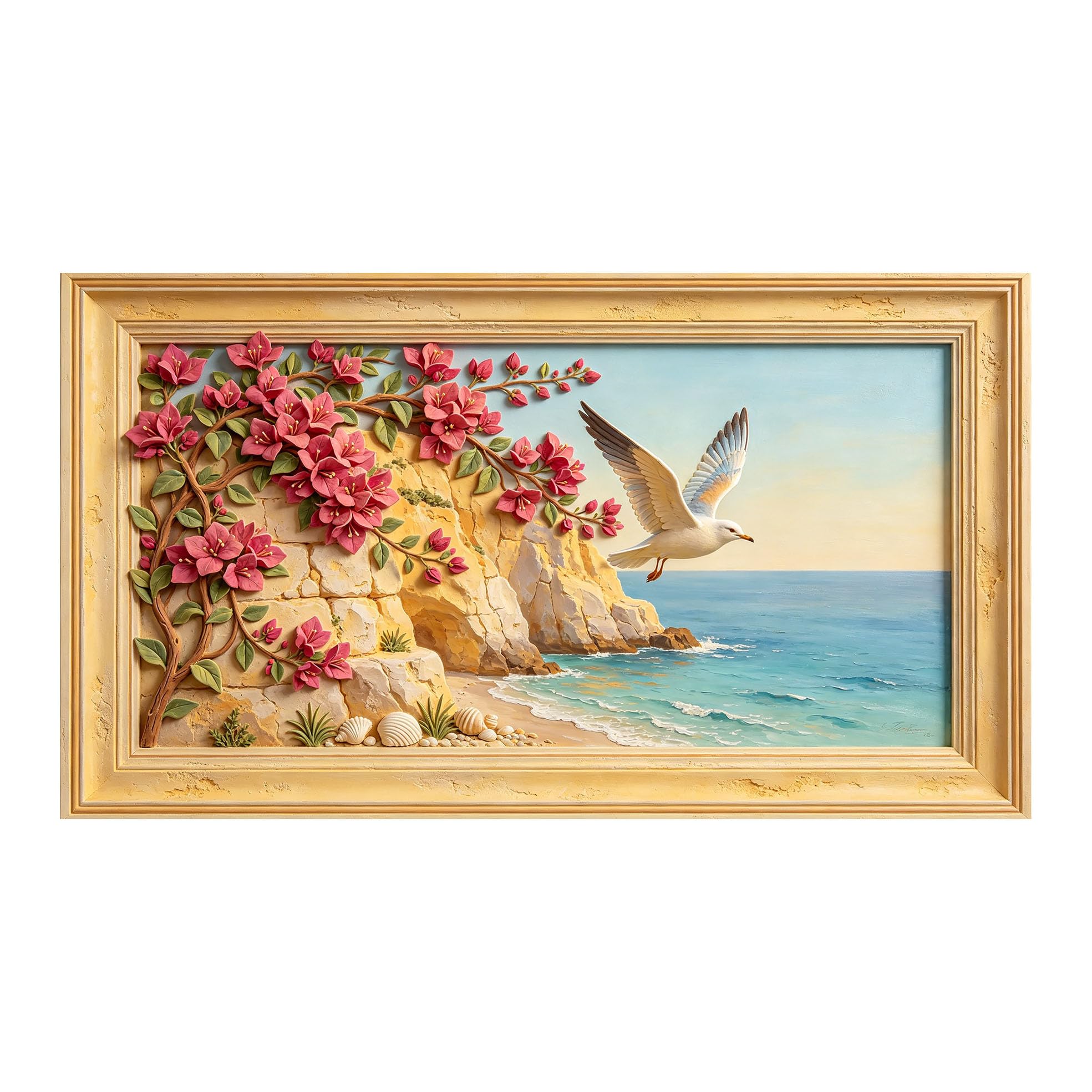 Murasolite 3D Framed Wall Art Coastal Seaside Cliff Bougainvillea Flowers and Flying Seagull Oil Painting SelfAdhesive Fabric Mural Wall Decor,AntiFall Safe Design for Bedroom Living Room