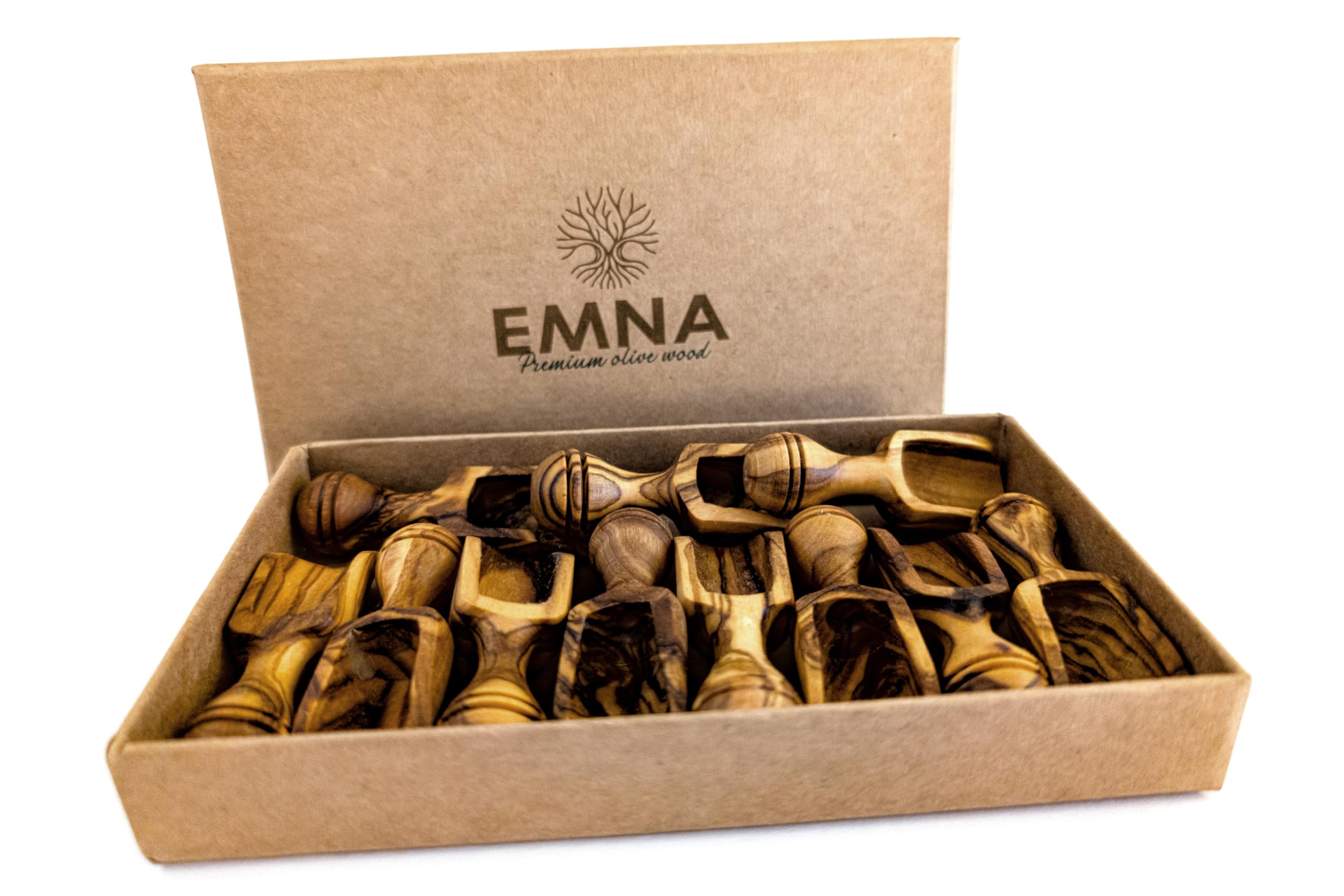 EMNA - 11 x superfici in legno d'ulivo, piccole circa 6 cm, lussuosa idea regalo, regalo in legno d'ulivo, regalo di Natale per la festa della mamma, spezie, decorazione per cucina, legno
