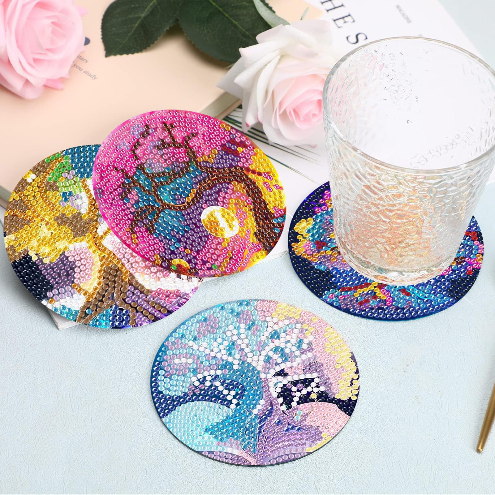 8 Piezas Posavasos Pintura Diamante con Soporte, DIY Mandala Diamante Pintura Posavasos, Flor de la Vida Diamond Painting Adecuado para Tazas, Copas de Vino, Estudio, armarios