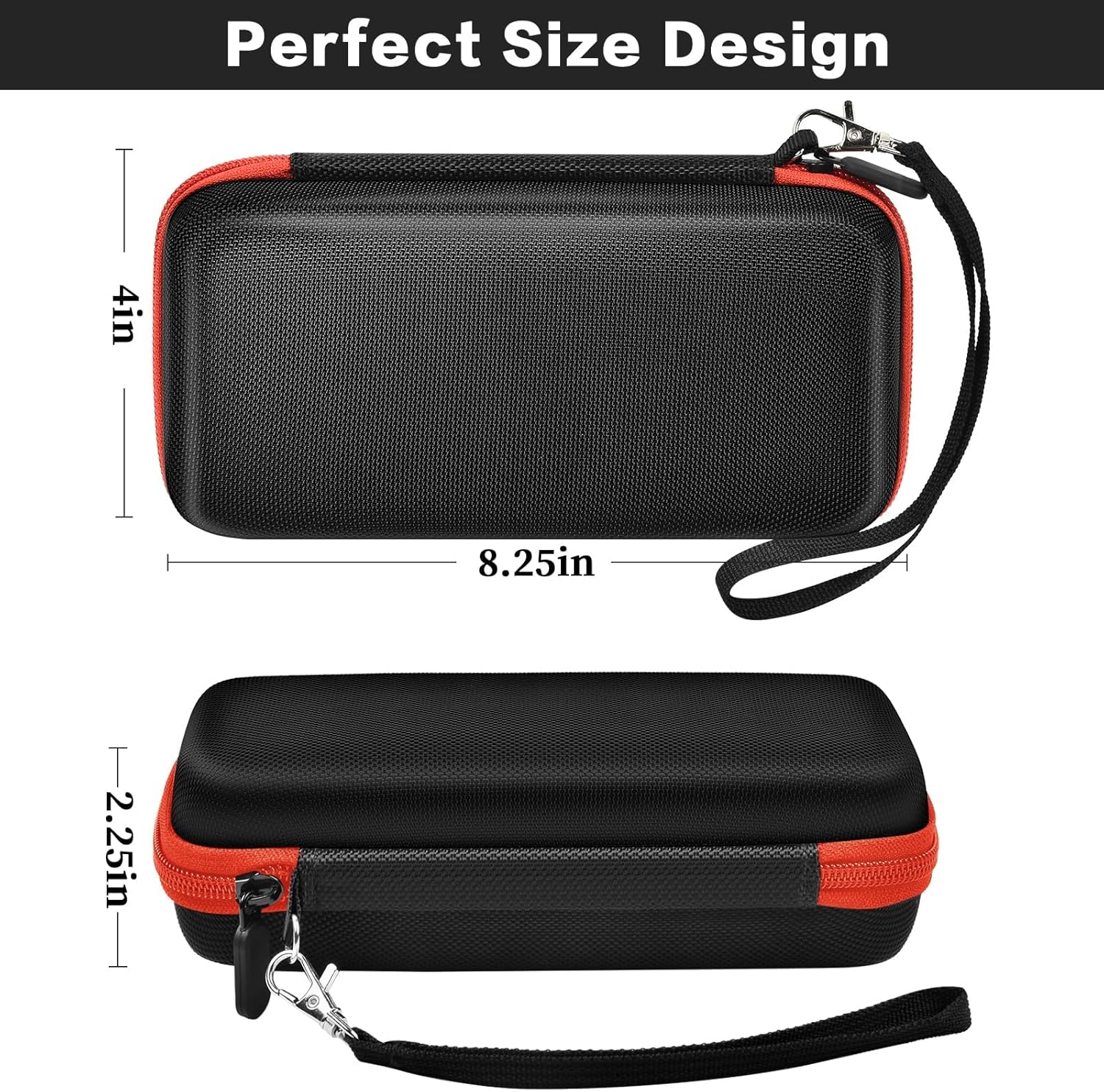 Casmilee case with dimensions labeled: 8.25 inches length, 4 inches width, 2.25 inches height