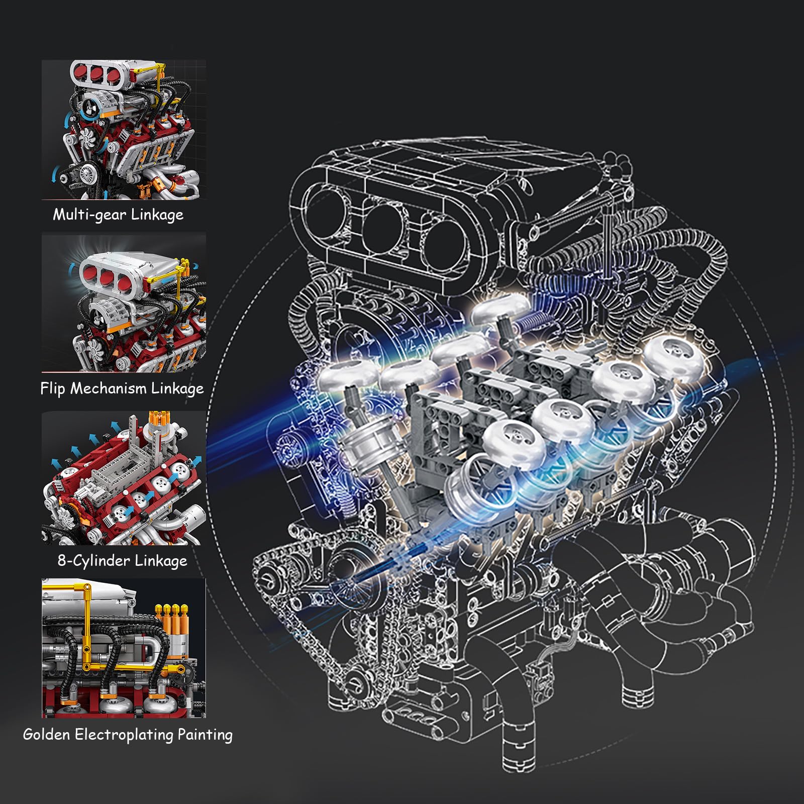 Muuchuu Technik – Moteur V8 2347 Pièces – Construction Réaliste – Pistons, Vilebrequin – Motorisé – Cadeau STEM Ado/adulte